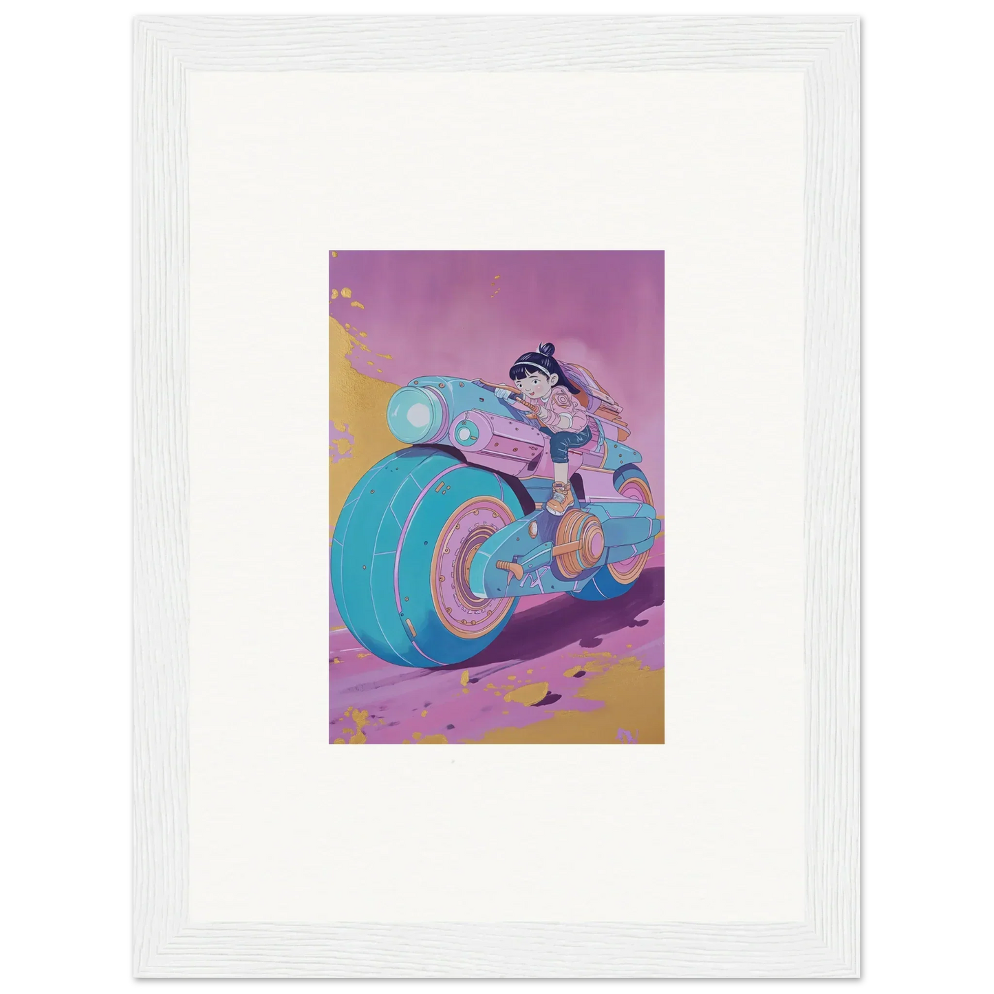 Cartoon character zooming on a futuristic blue motorcycle from the Neon Ripples Palette canvas print