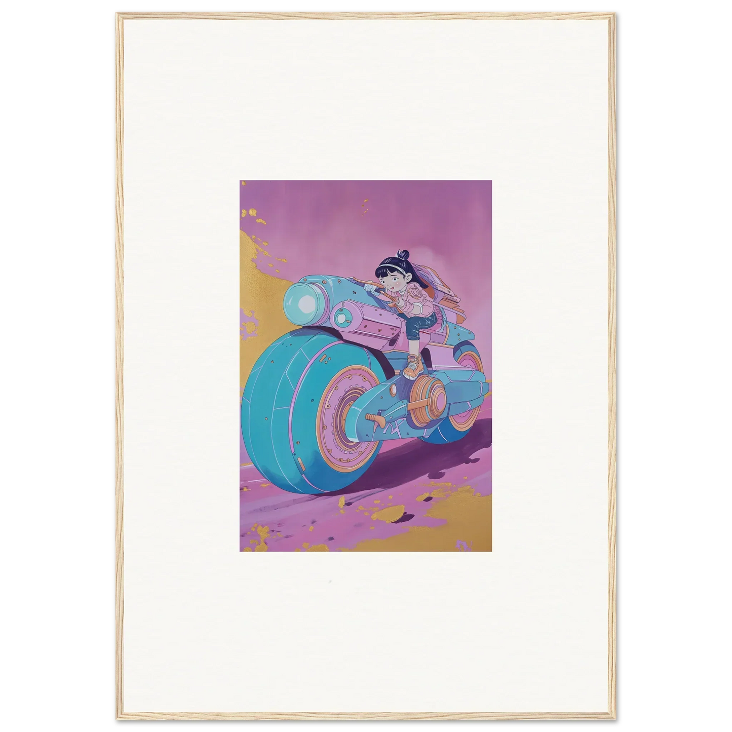 Colorful cartoon motorcycle and rider in pastel shades, great for room decoration or canvas print