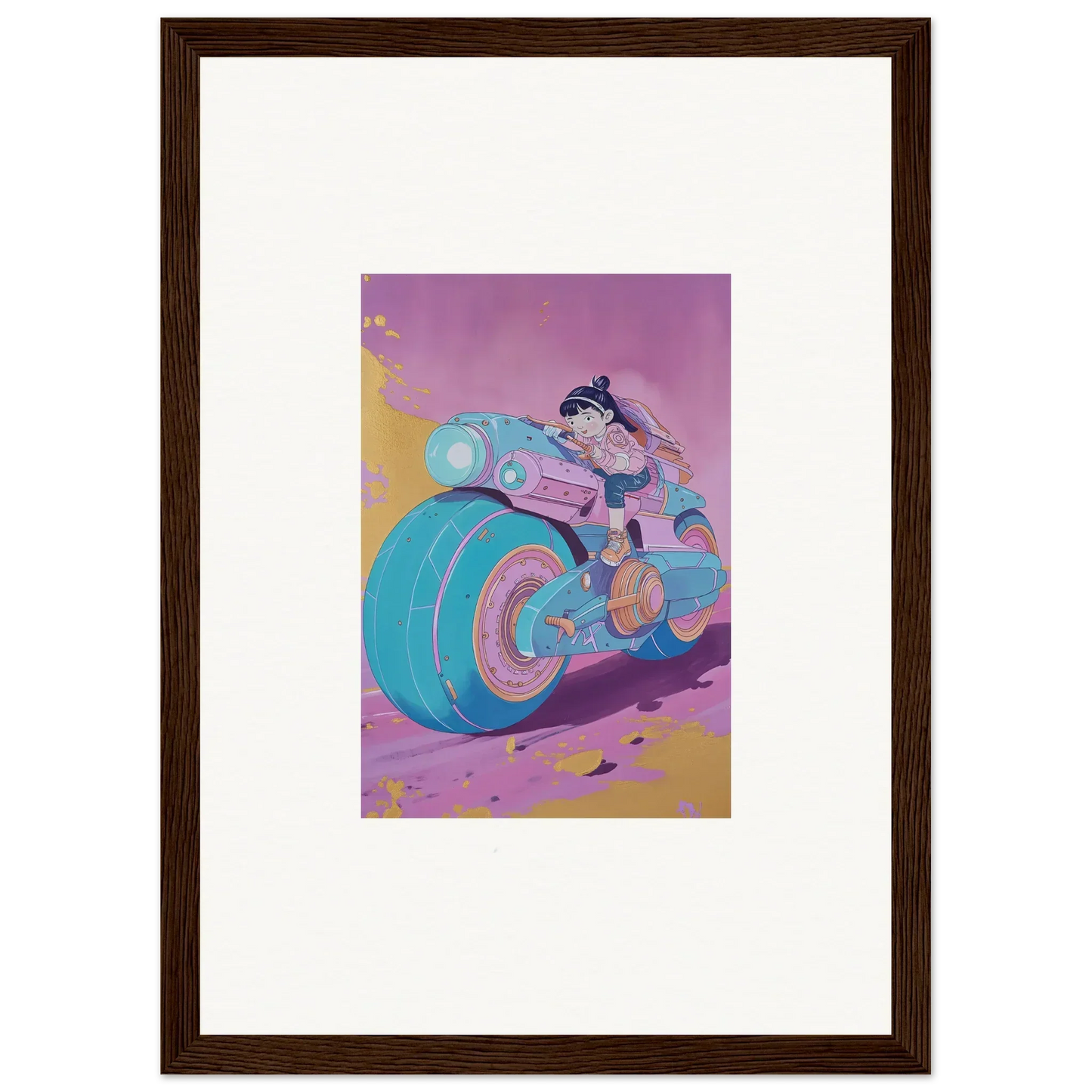 Cartoon character on a vibrant motorcycle from the Neon Ripples Palette for cool room decoration