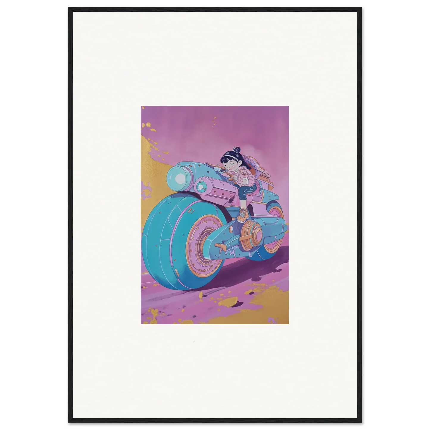 Cartoon character on a blue and pink motorcycle from the Neon Ripples Palette canvas print