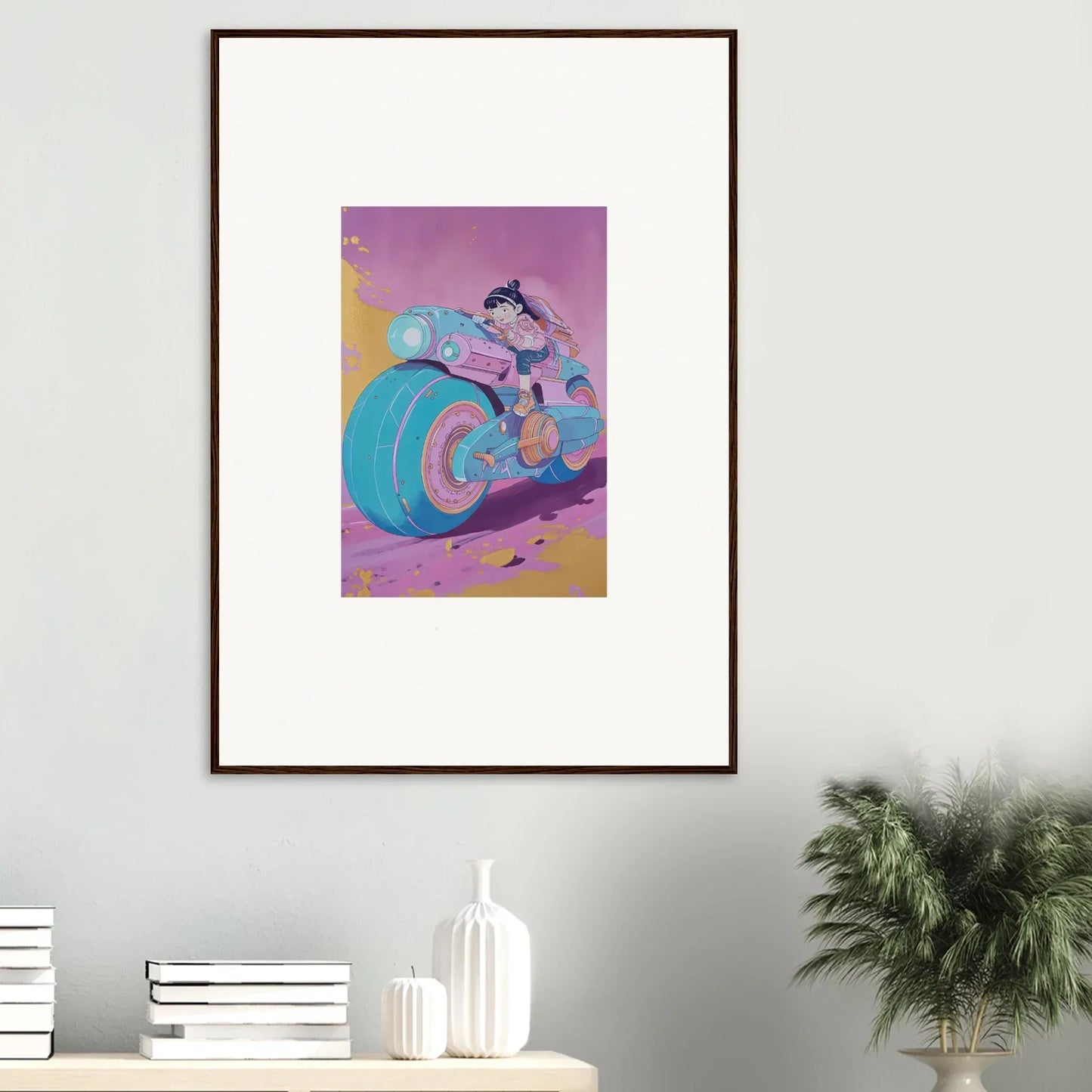 Stylized motorcycle art in a vibrant ripples palette for cool room decoration