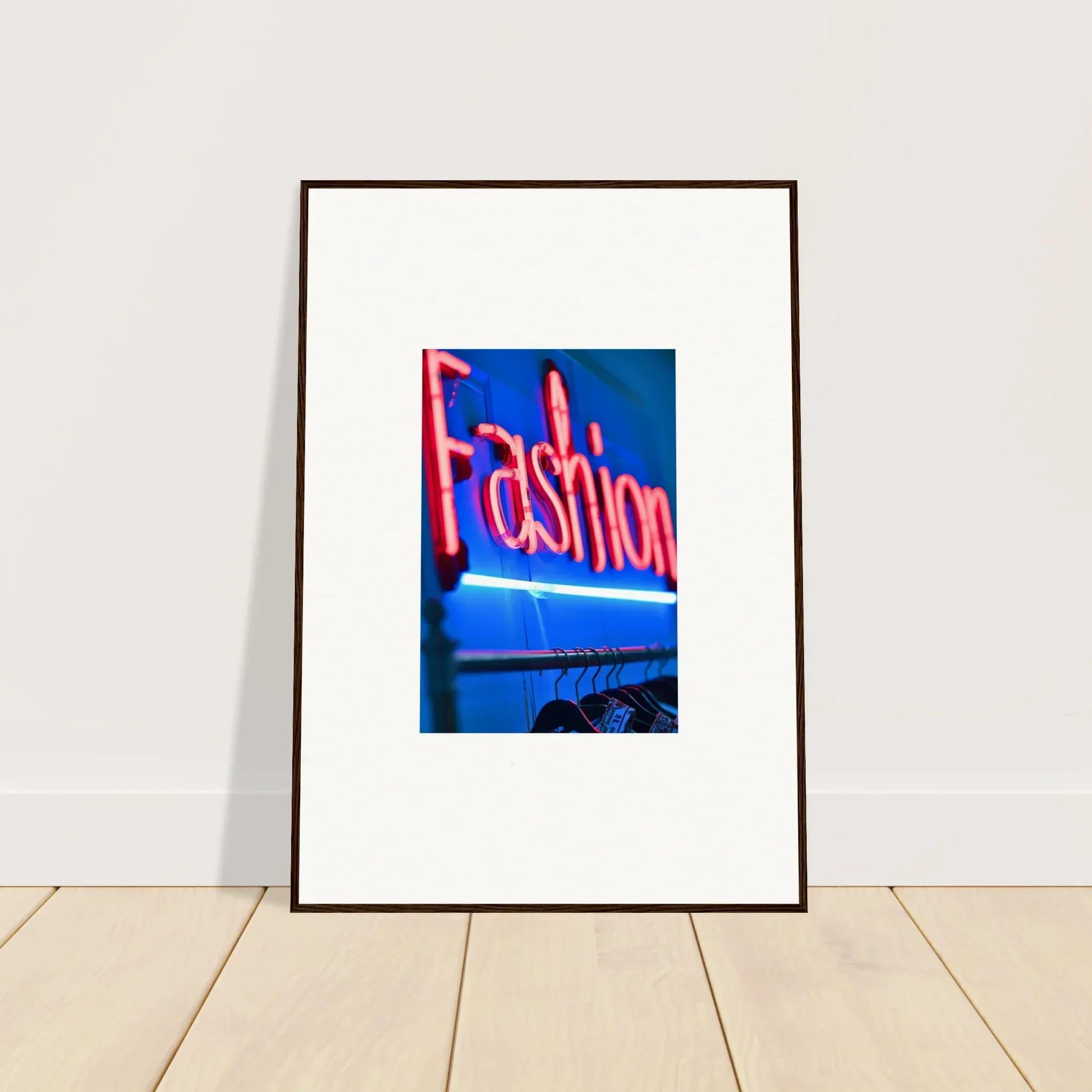Framed neon Fashion sign above clothing racks for trendy room decoration wall art