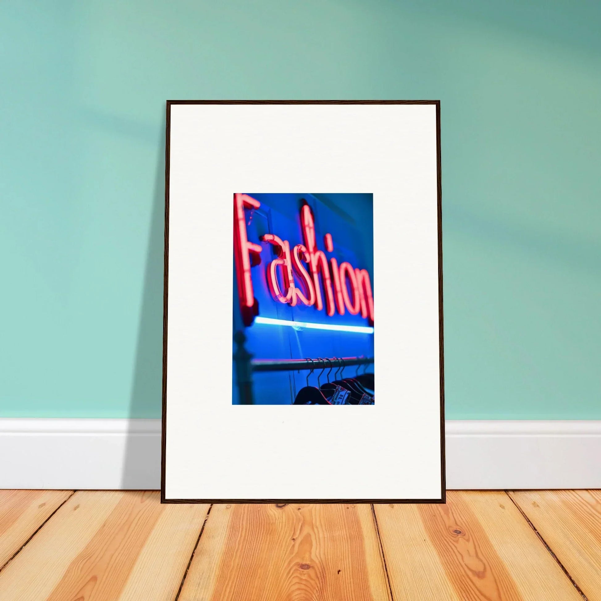Framed neon Fashion sign on blue background for trendy room decoration wall art