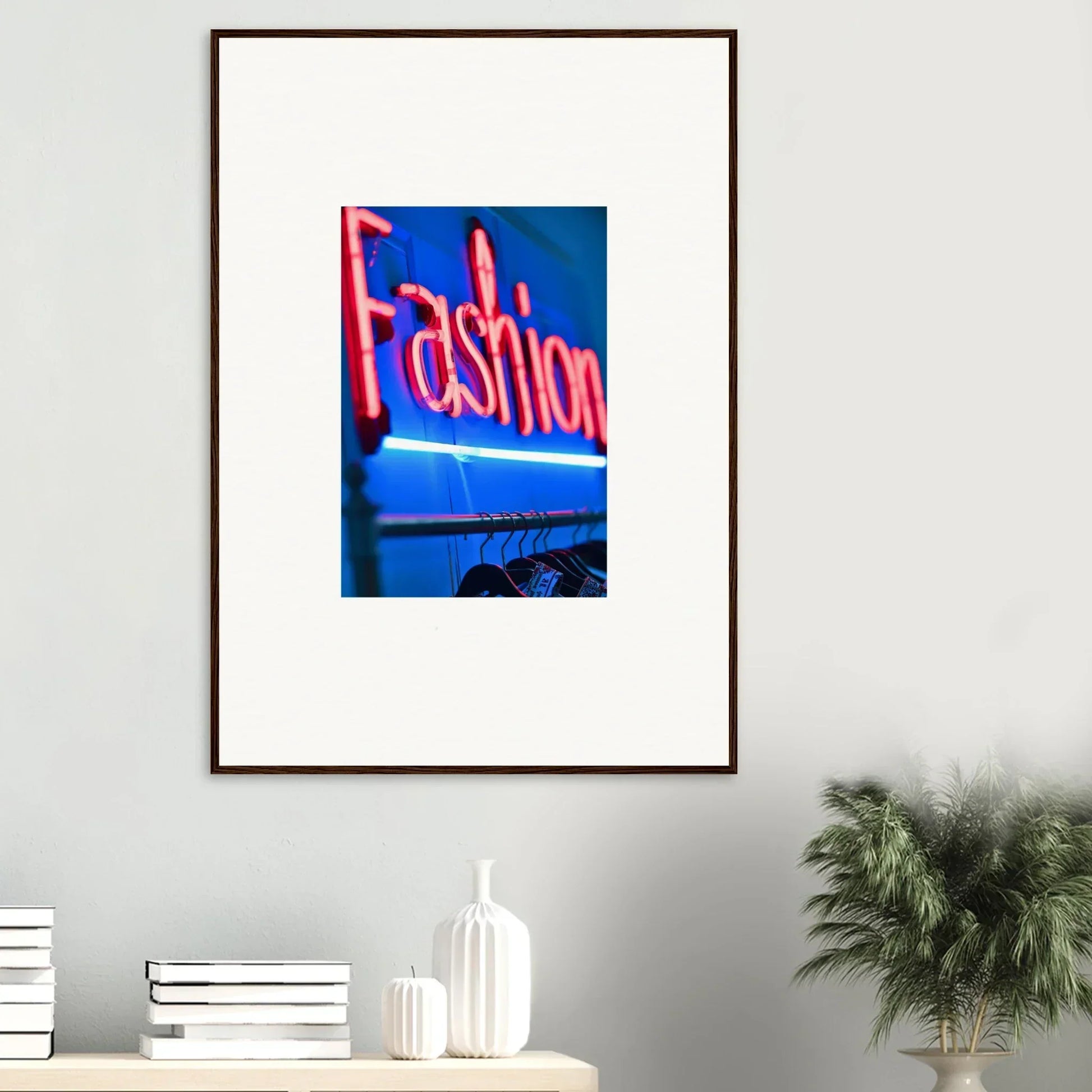 Framed neon Fashion sign on a blue background for trendy room decoration wall art