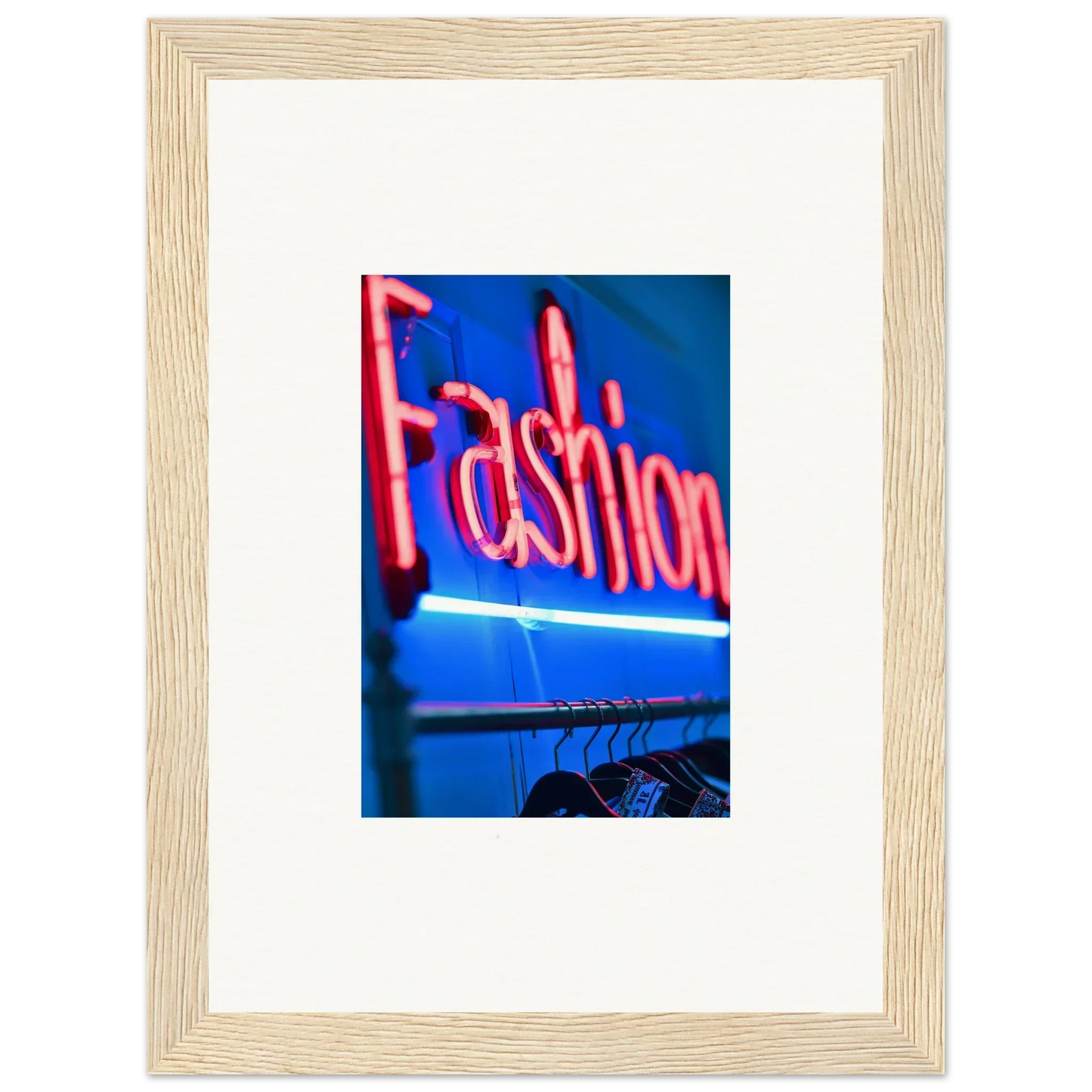 Neon sign saying Fashion in red on blue, perfect for room decoration or wall art