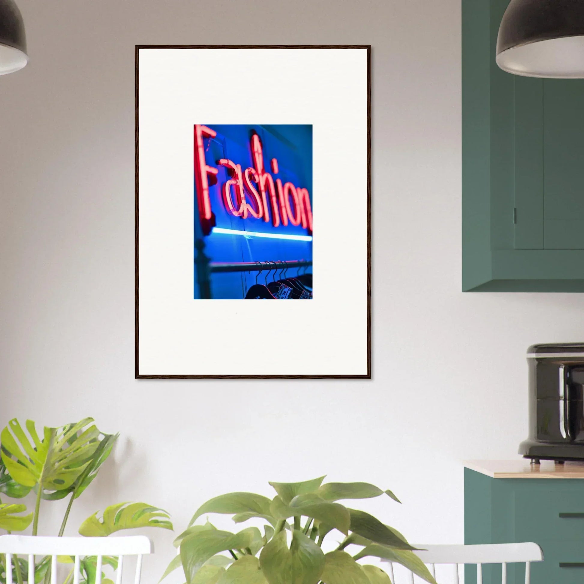 Framed neon Fashion sign wall art on a blue background for stylish room decoration