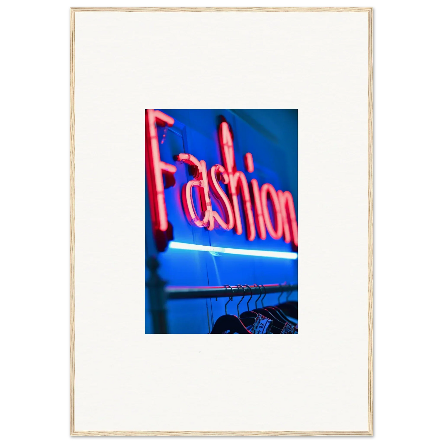 Bright pink neon Fashion sign wall art on blue, perfect for room decoration vibes