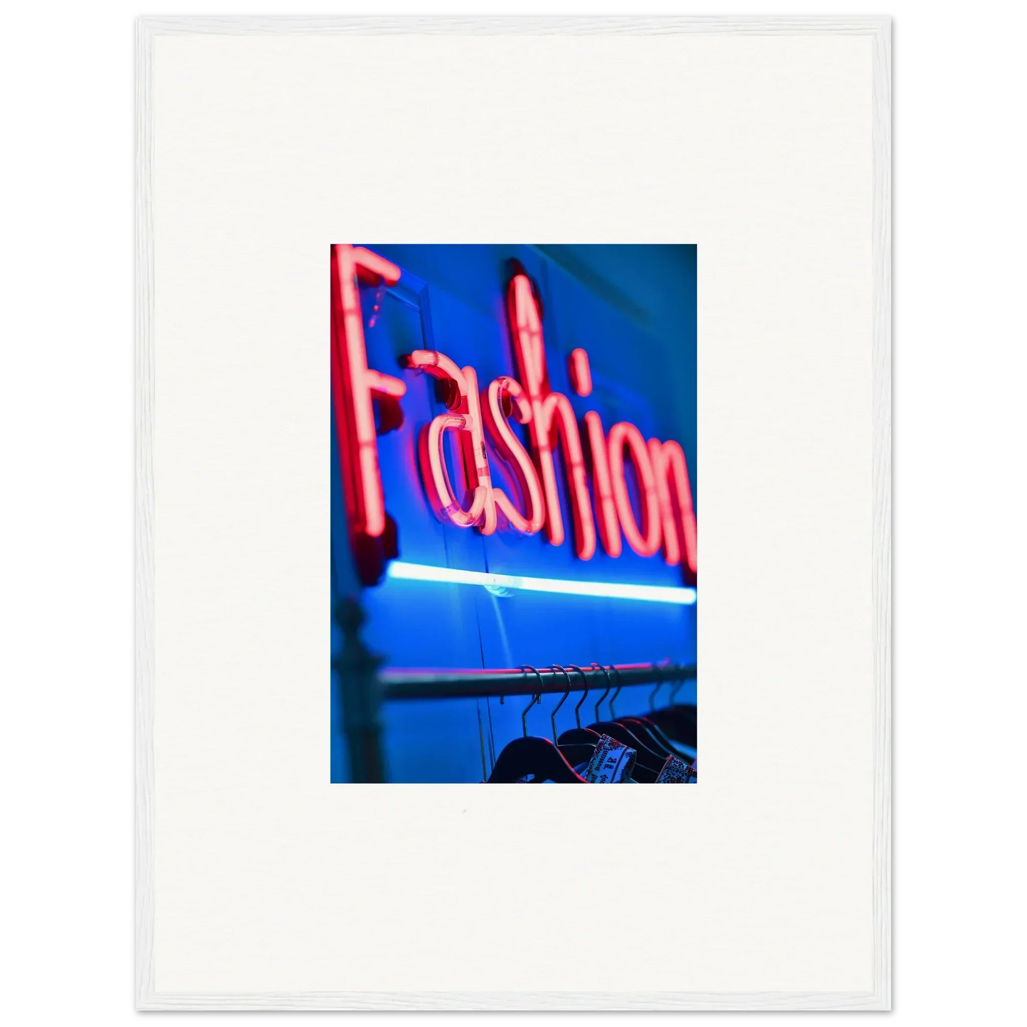 Neon Fashion sign in pink above hangers, perfect for room decoration or wall art