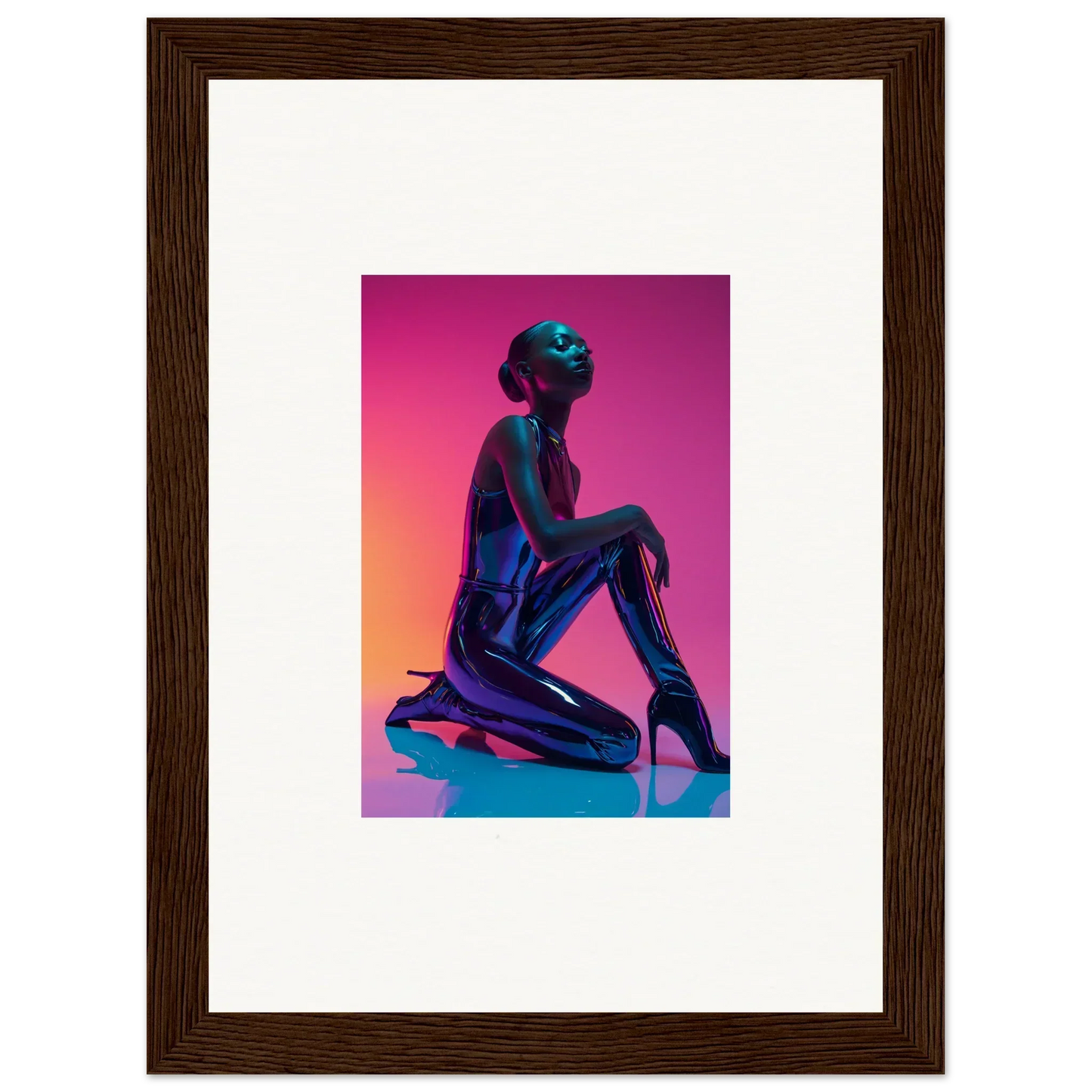 Silhouette of a kneeling figure on a vibrant canvas print for Neon Vortex room decoration