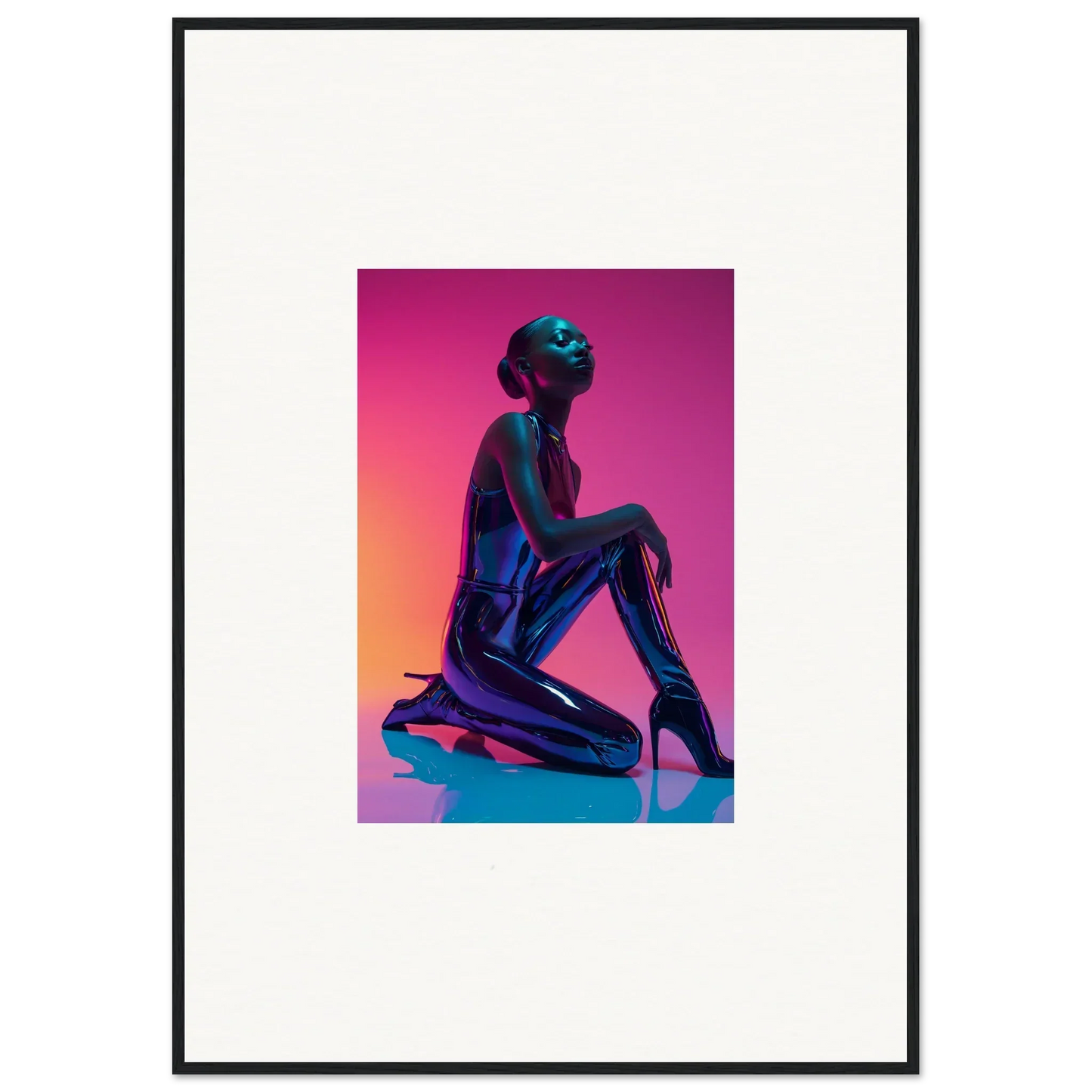 Silhouette of a kneeling figure in vibrant purple and blue for Neon Vortex room decoration