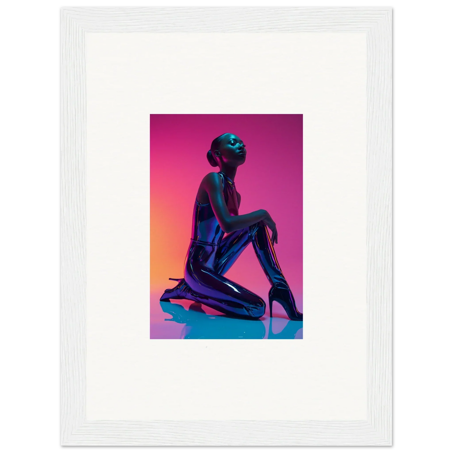 Stylized metallic humanoid figure in Neon Vortex for cool room decoration canvas print