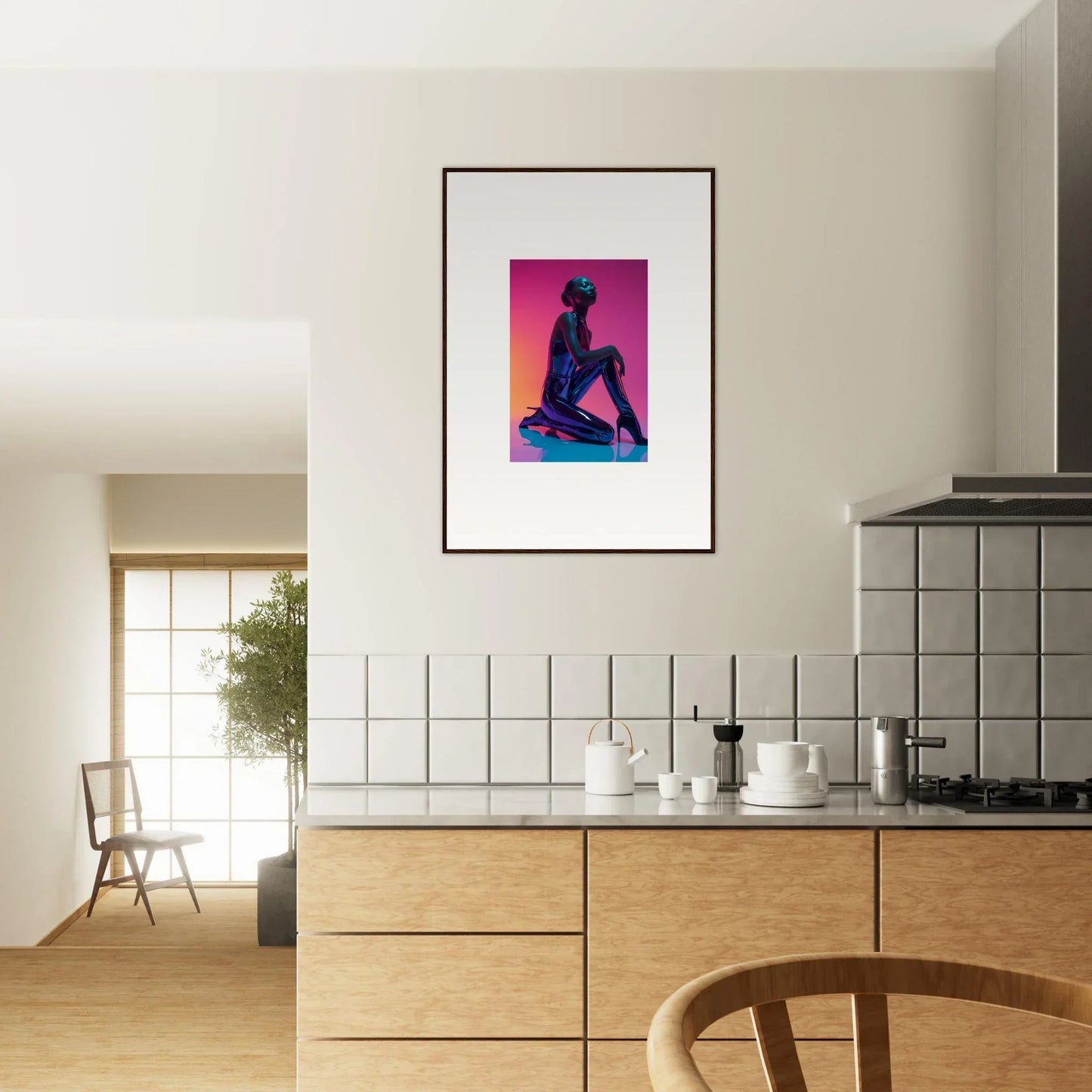 Framed canvas print of a silhouetted figure in the Neon Vortex for cool room decoration