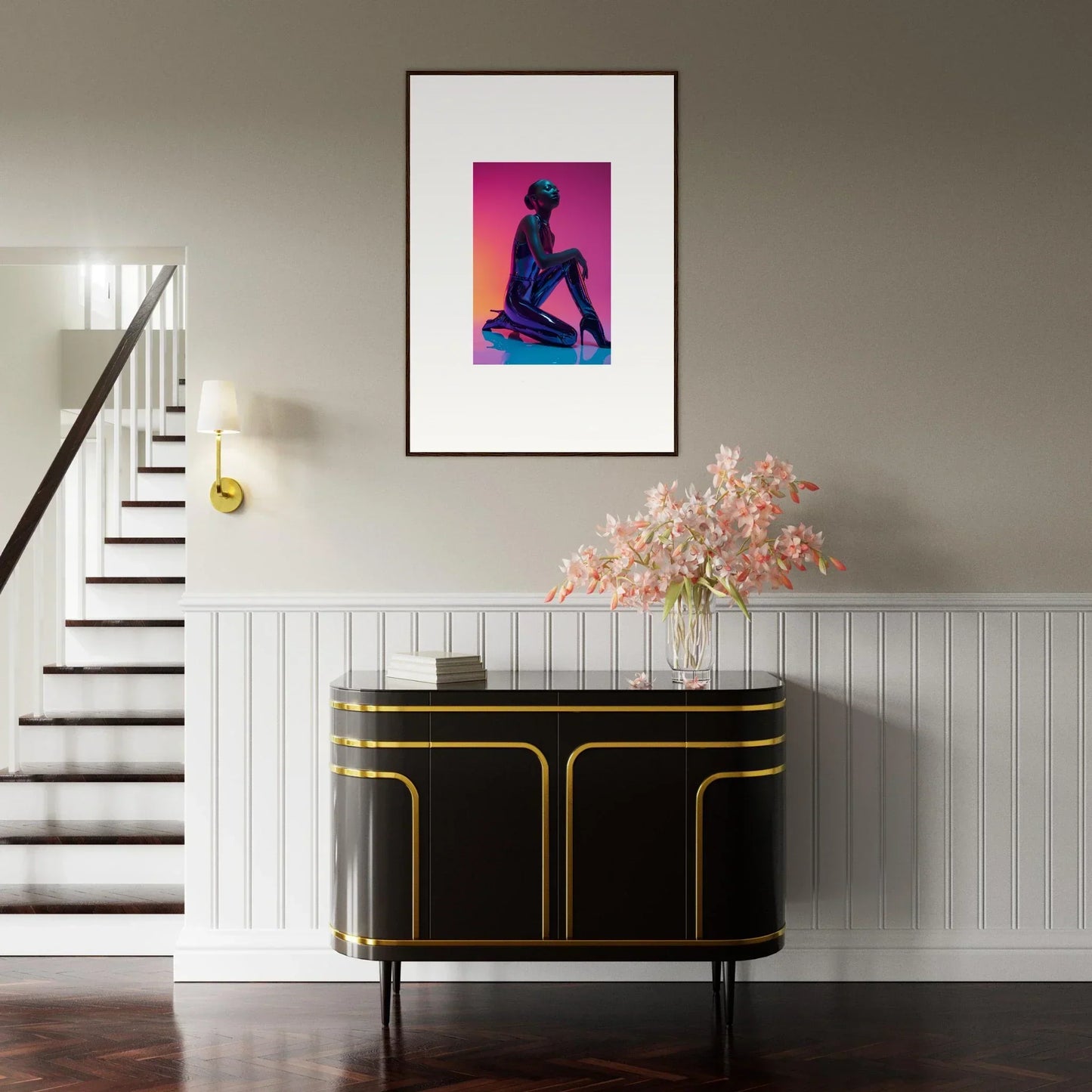 Framed Neon Vortex canvas print of a silhouetted figure on a vibrant pink and orange background