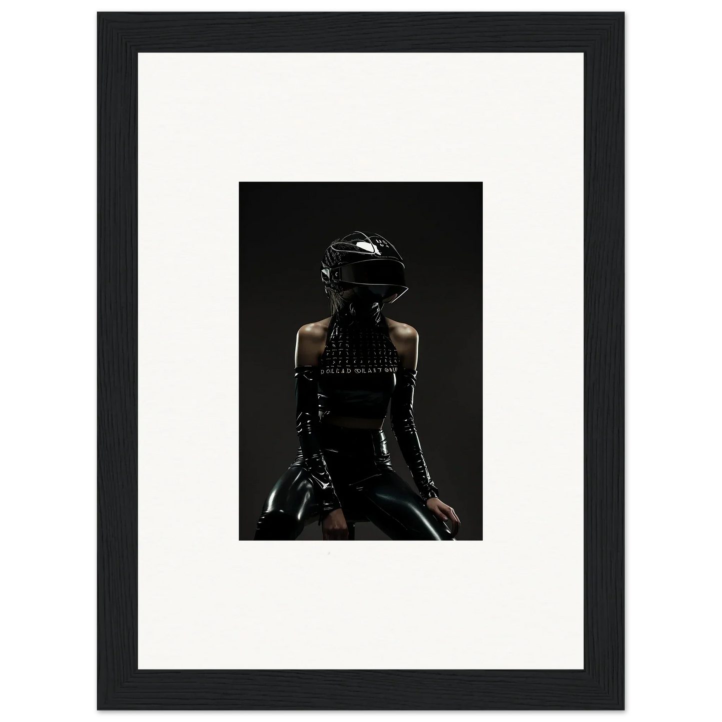Framed photograph of a person wearing a black helmet and dark clothing, viewed from behind.