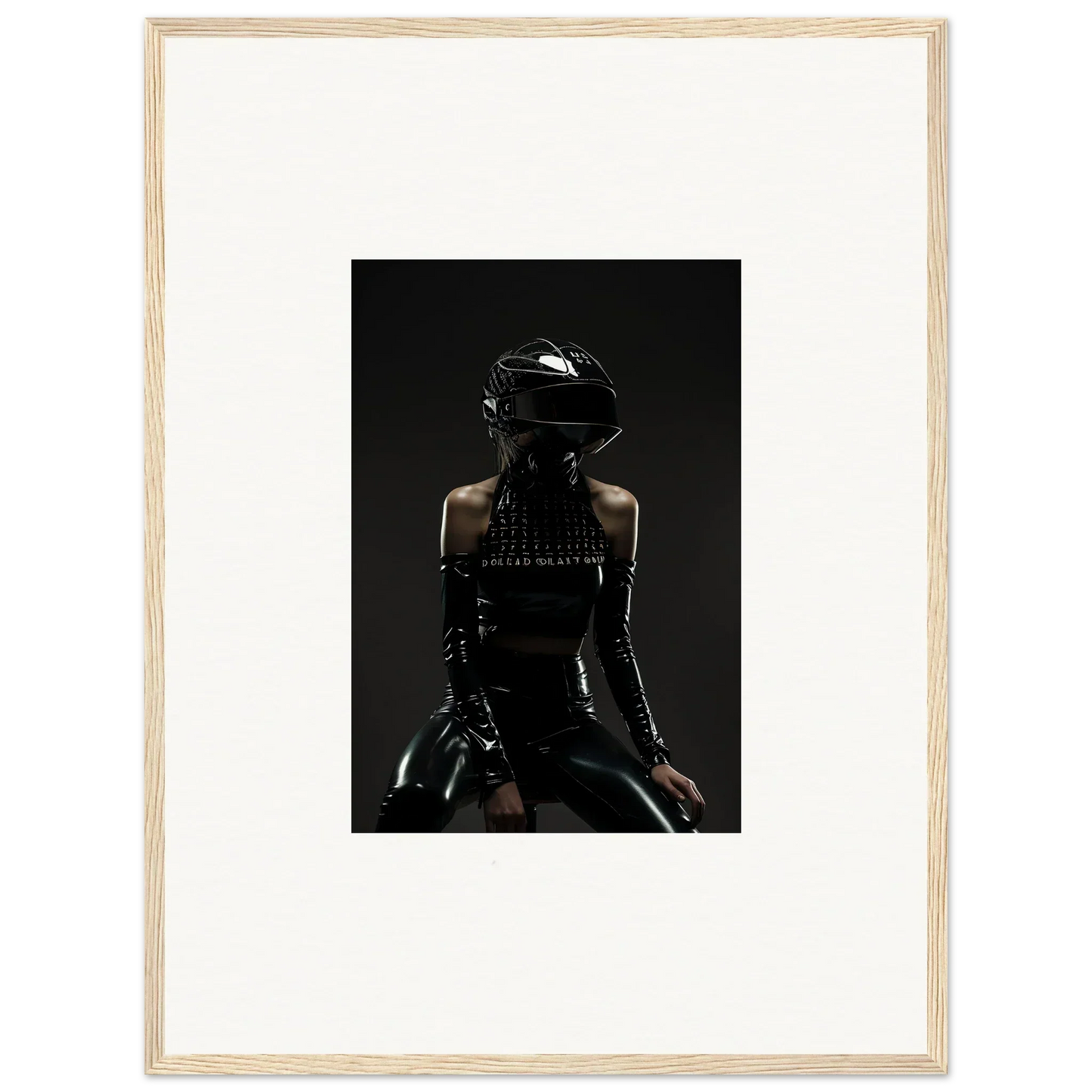 Dark, futuristic figure wearing a sleek helmet and form-fitting outfit.