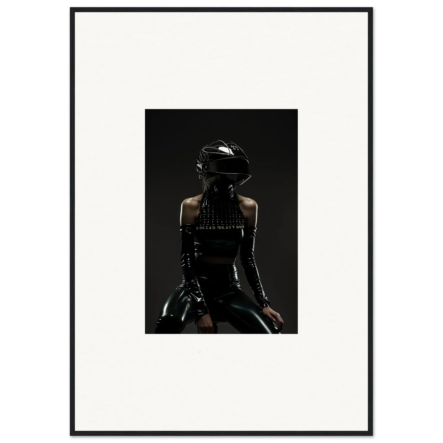 Figure in black leather attire and helmet, viewed from behind.