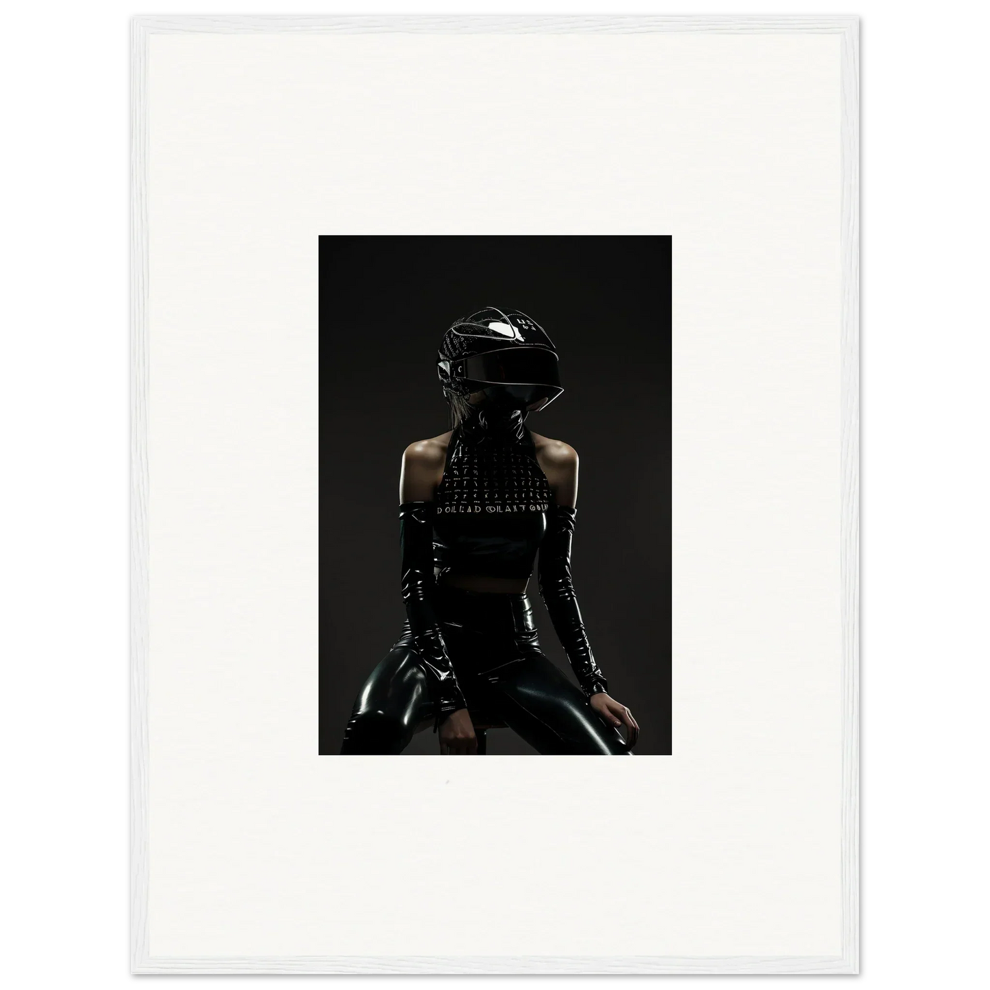 Silhouette of a person wearing a sleek, futuristic helmet and form-fitting outfit against a dark background.