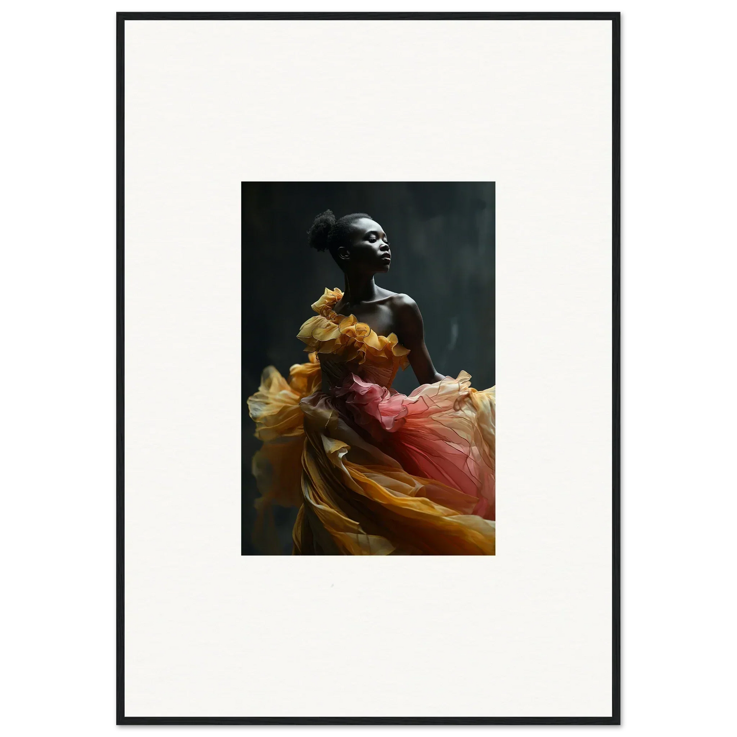 Striking photograph of a person wearing flowing, colorful fabric against a dark background.