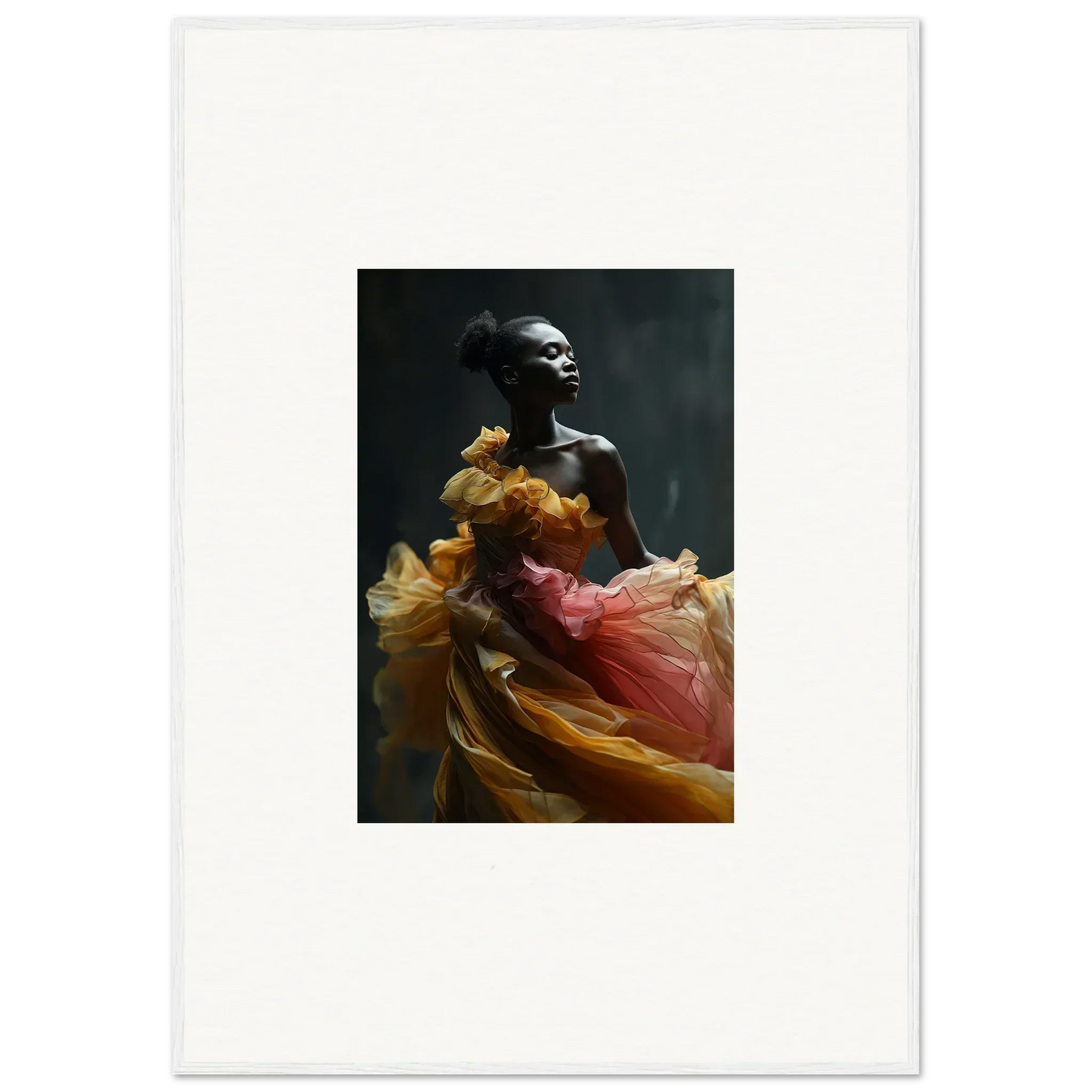 Photograph of a person wearing flowing, colorful fabric against a dark background.