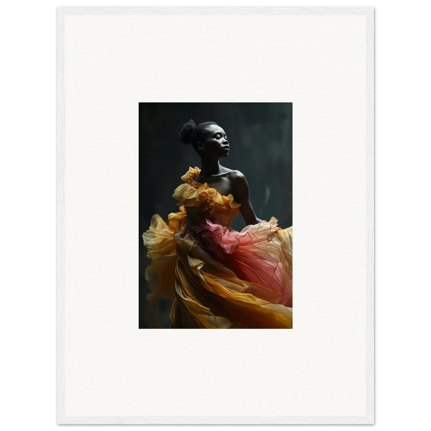 Striking photograph of a person draped in flowing, colorful fabric against a dark background.