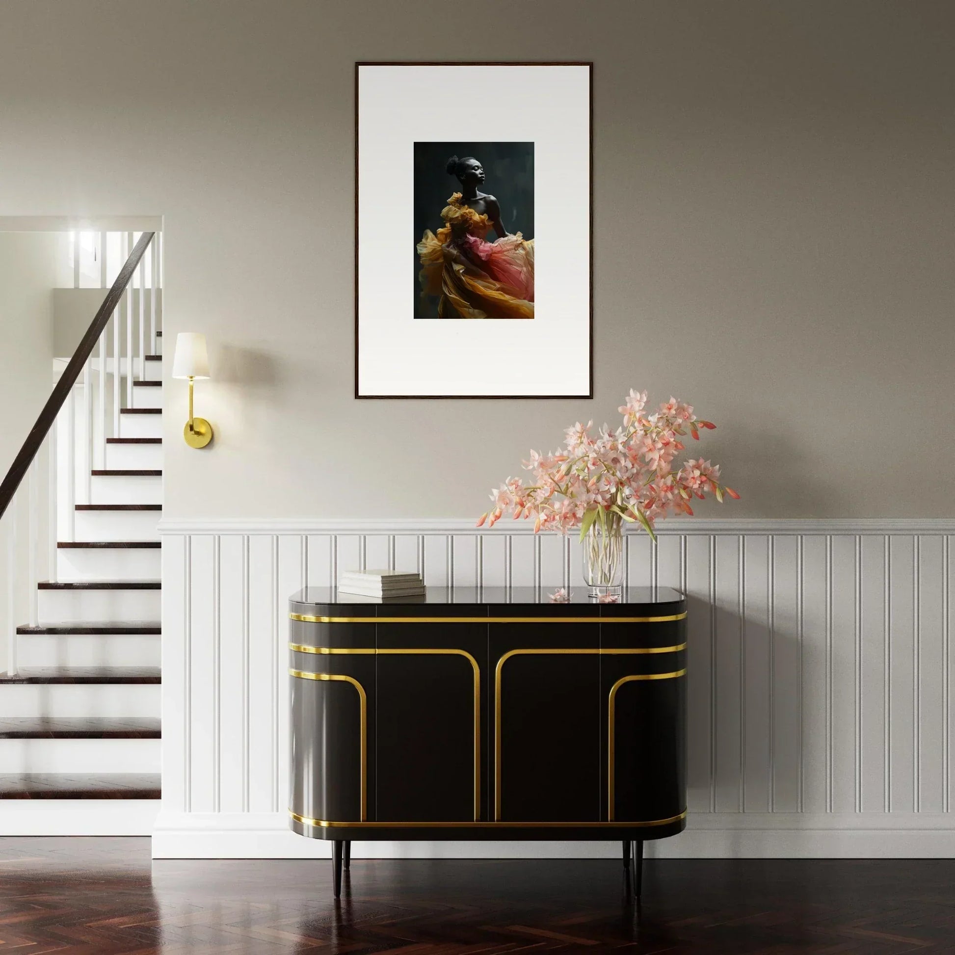 Elegant black and gold sideboard with curved edges and decorative trim.