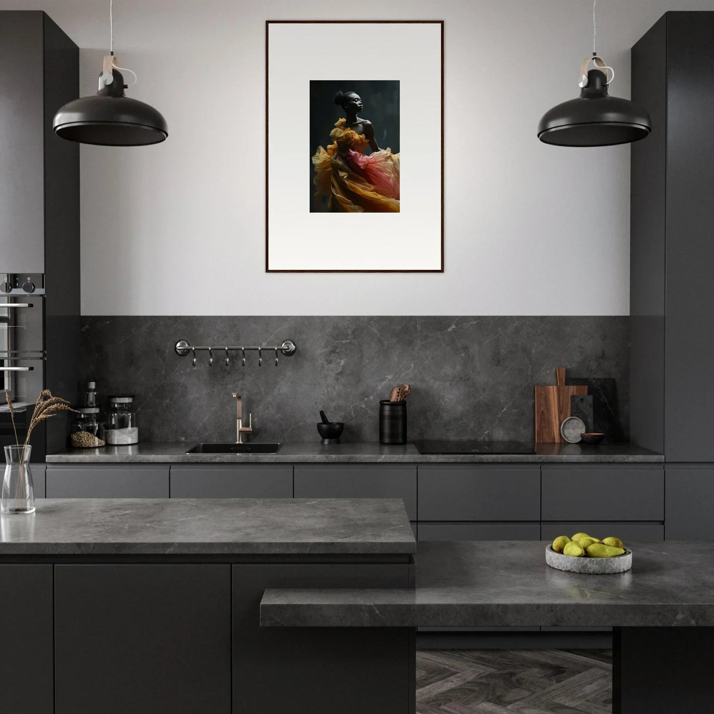 Modern, sleek kitchen with dark cabinetry and a framed artwork on the wall.