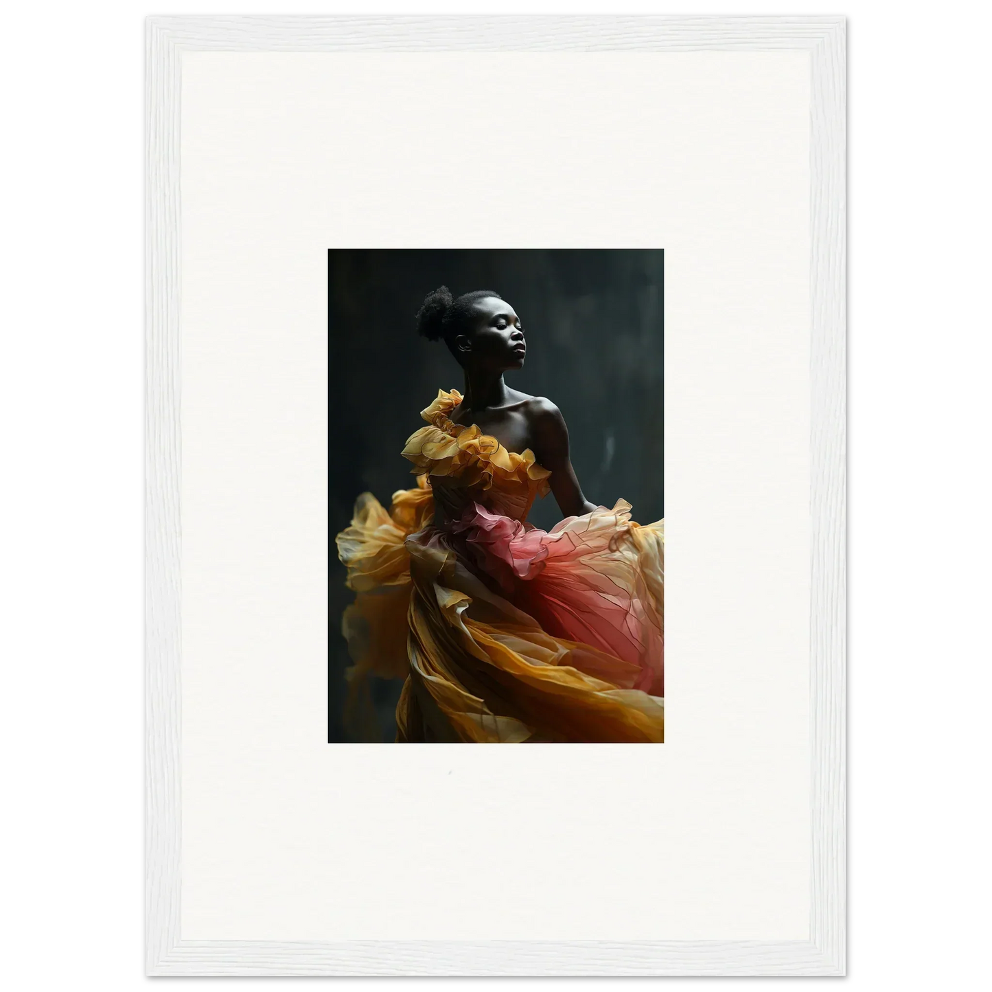 Striking portrait of a person draped in flowing, colorful fabric against a dark background.