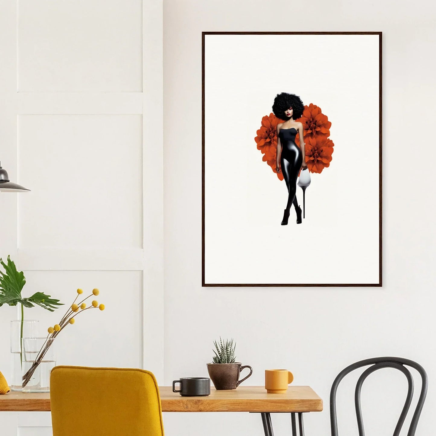 Stylized woman with afro on orange floral background, perfect for room decoration canvas print
