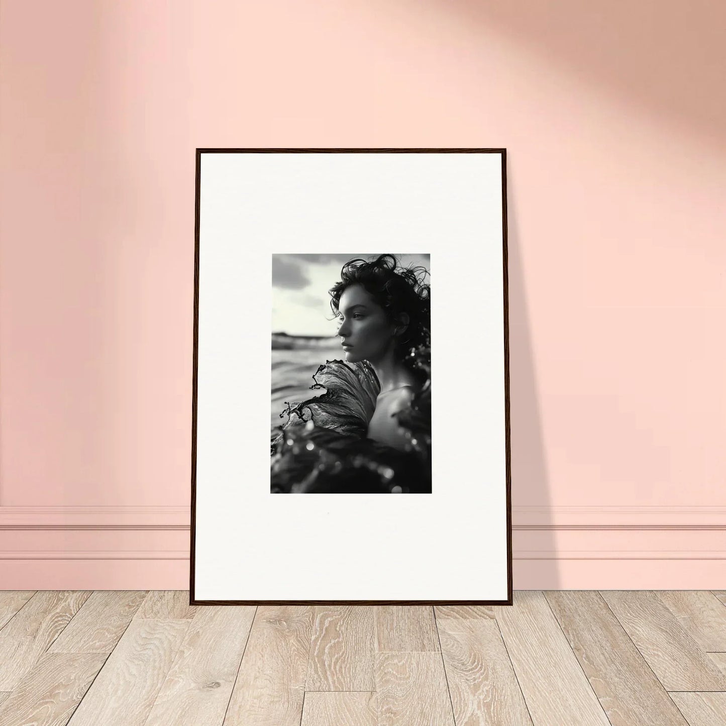 Framed black and white profile photo with sea reverie backdrop for cool room decoration