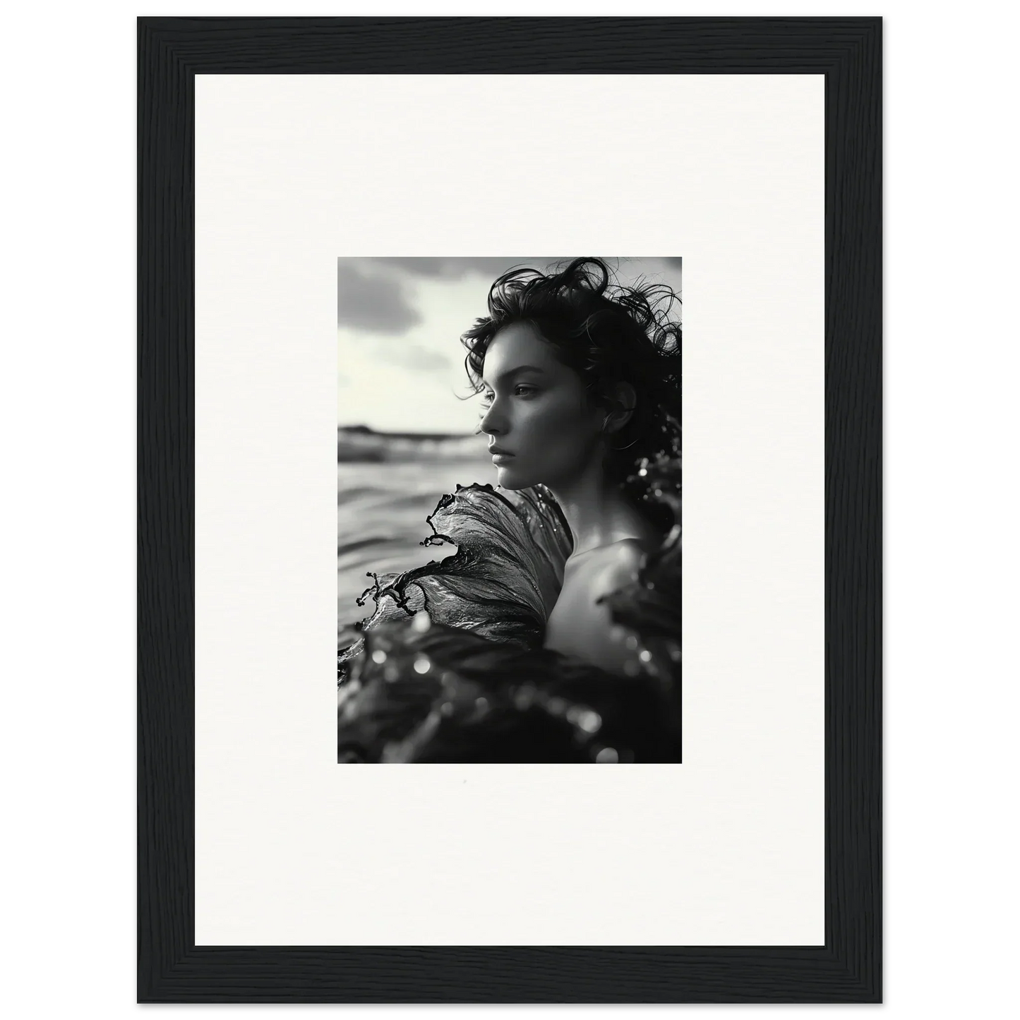 Black and white canvas print of a woman with windswept hair, perfect for sea reverie room decoration