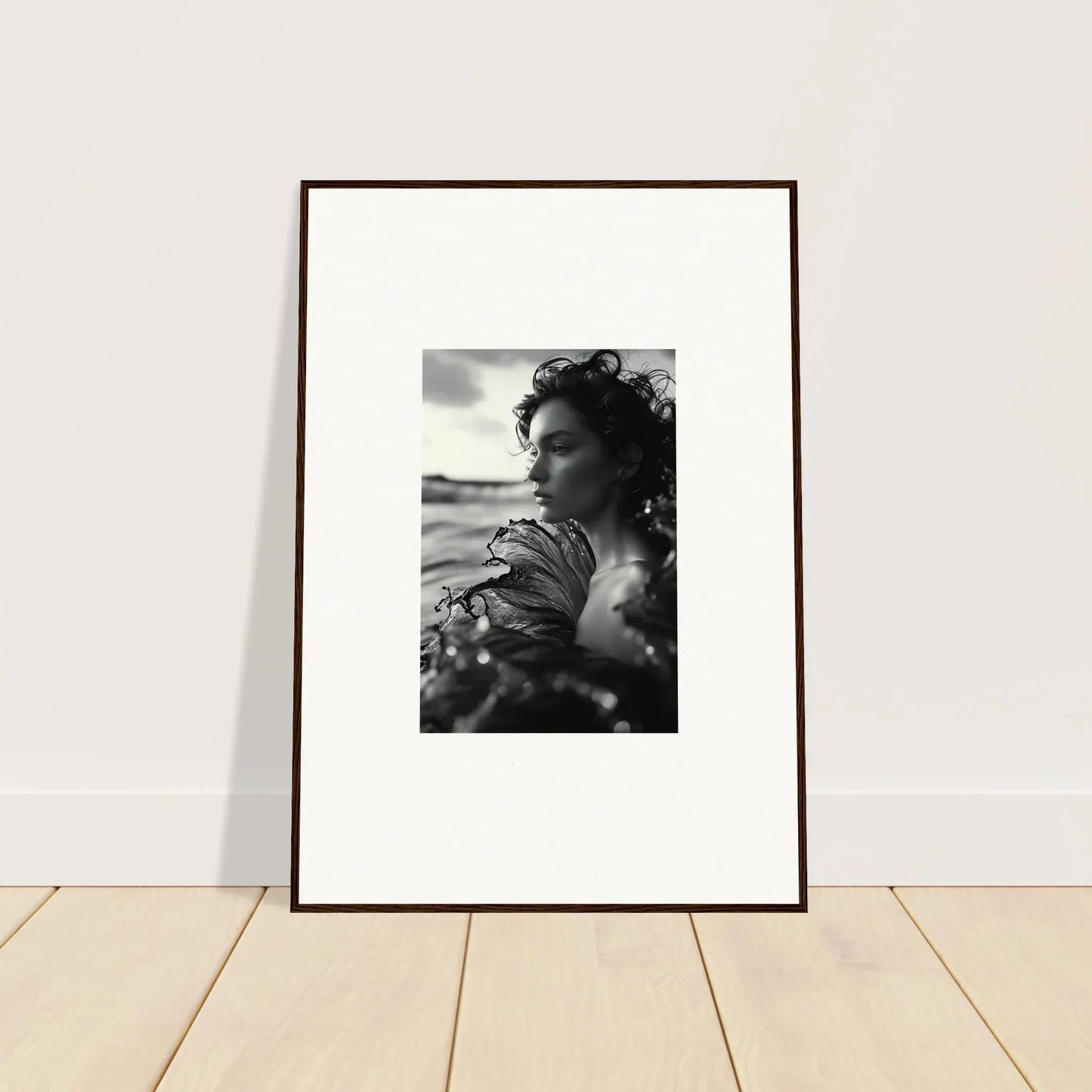Framed black and white canvas print of a profile in a sea reverie for room decoration