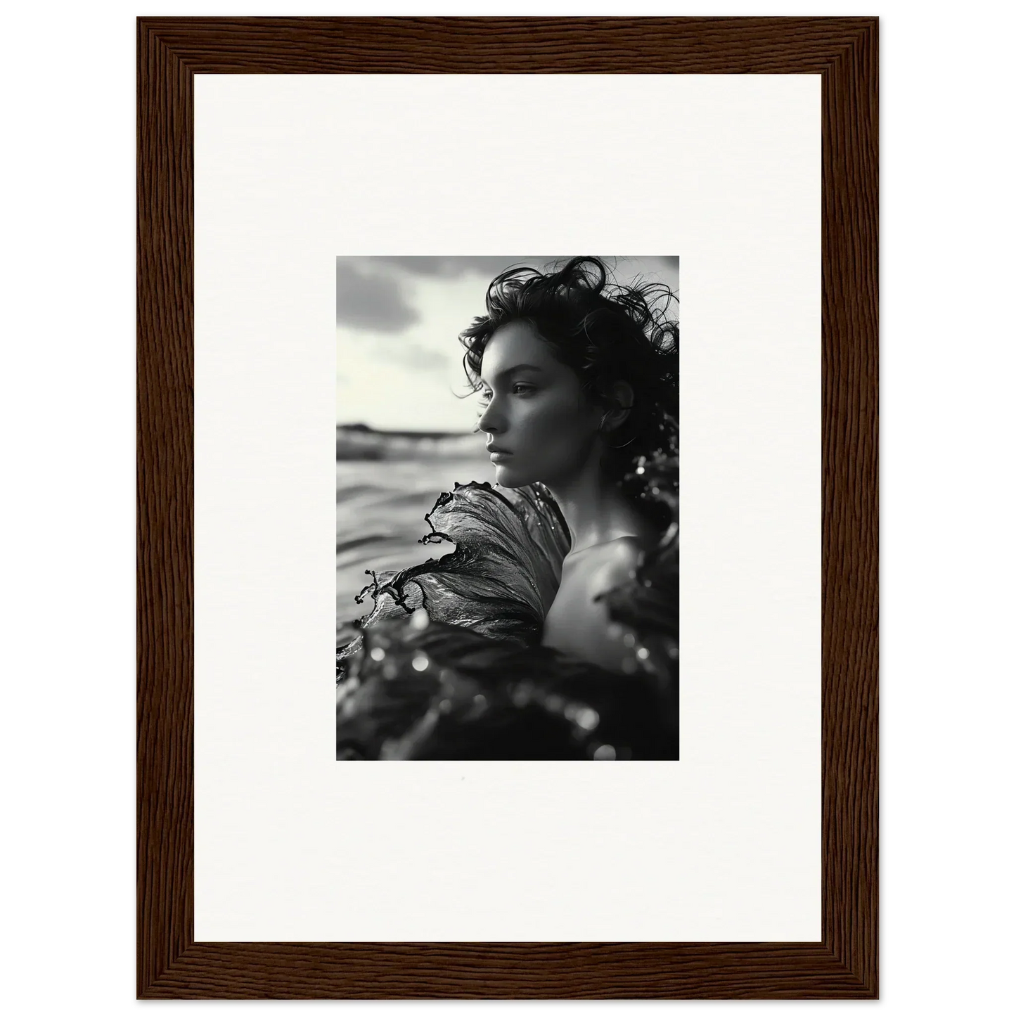 Framed black and white photo of a woman with windswept hair for sea reverie room decoration