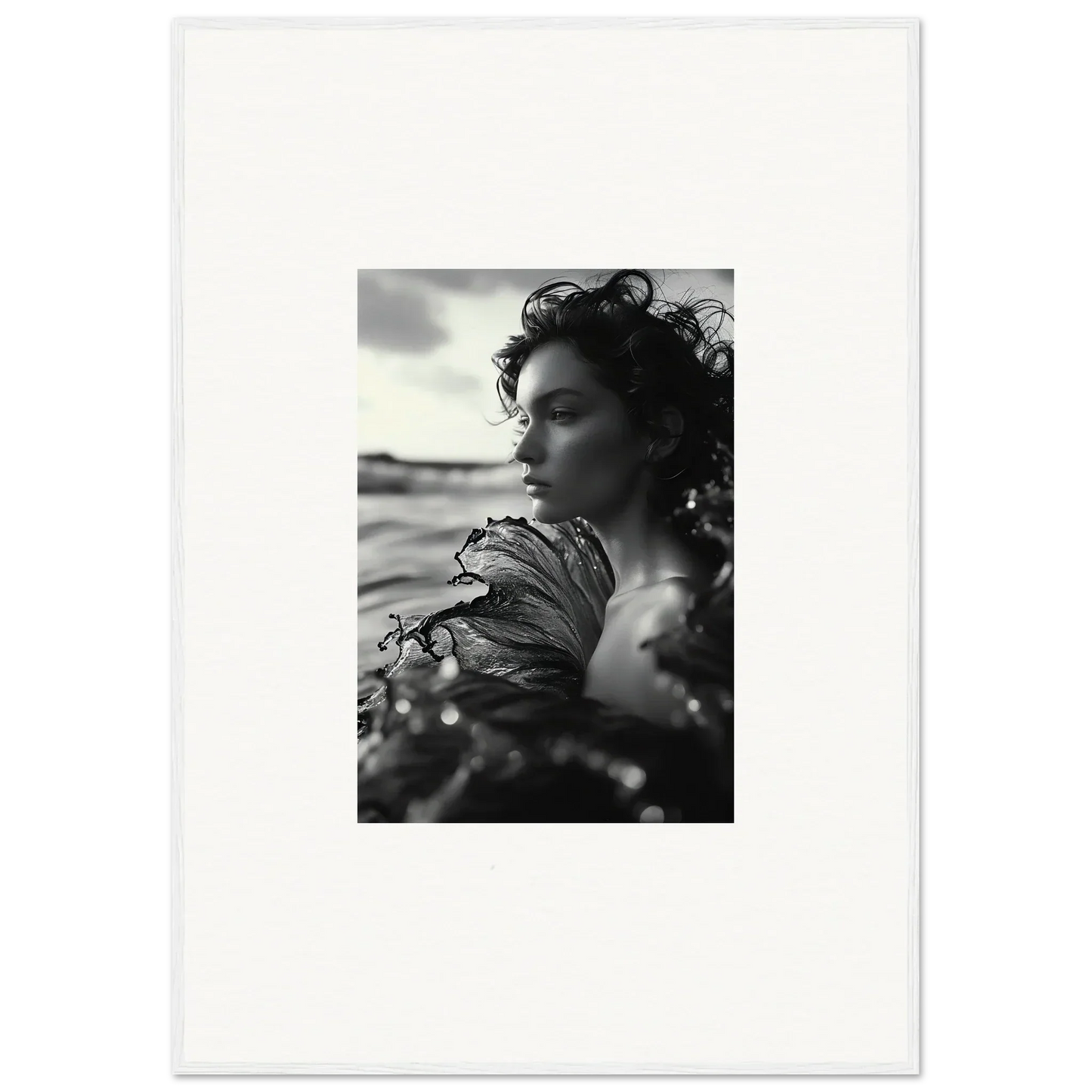 Black and white profile photo of a windswept woman for Sea Reverie canvas print decor