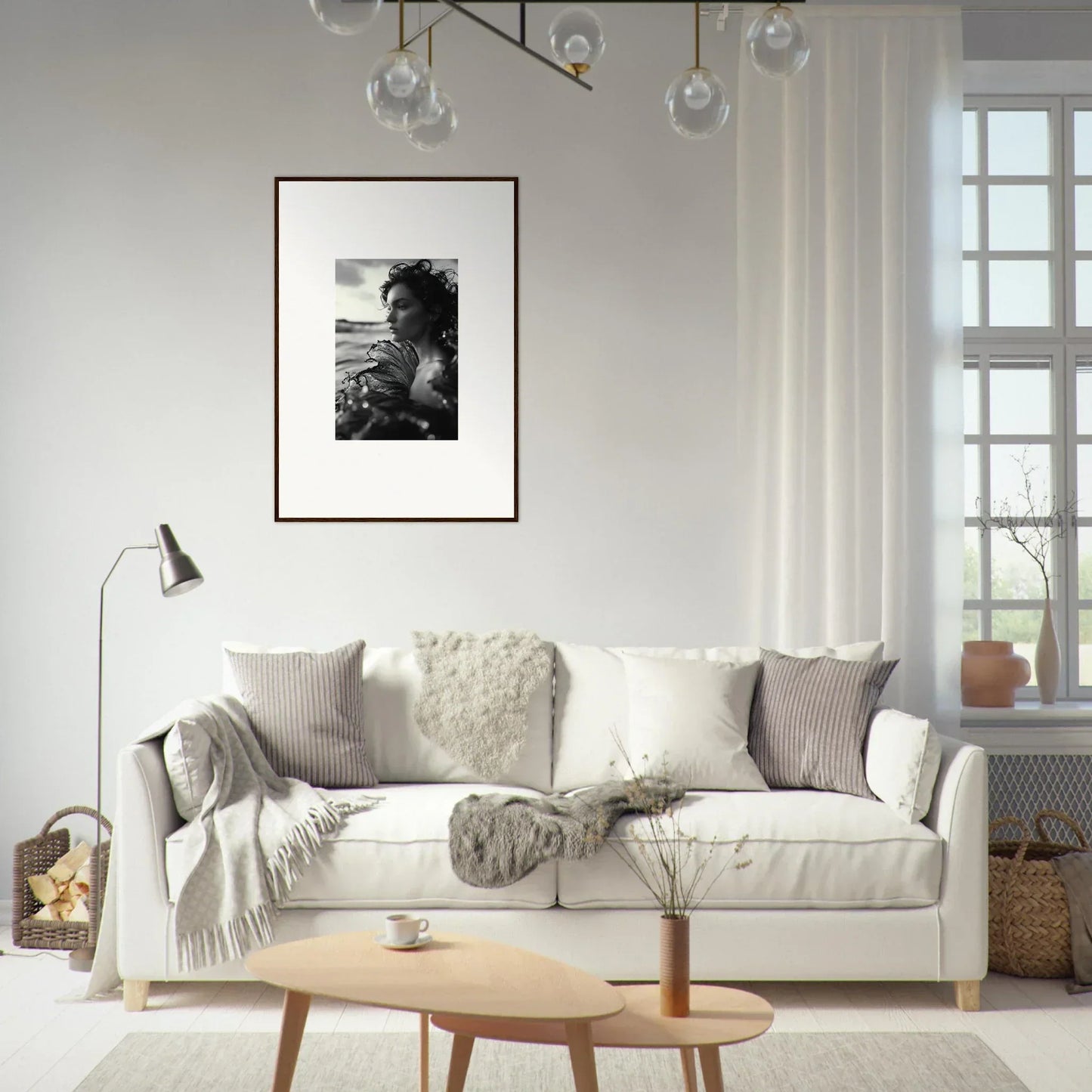 White sofa with cozy throw pillows and blankets, perfect for Sea Reverie room decoration
