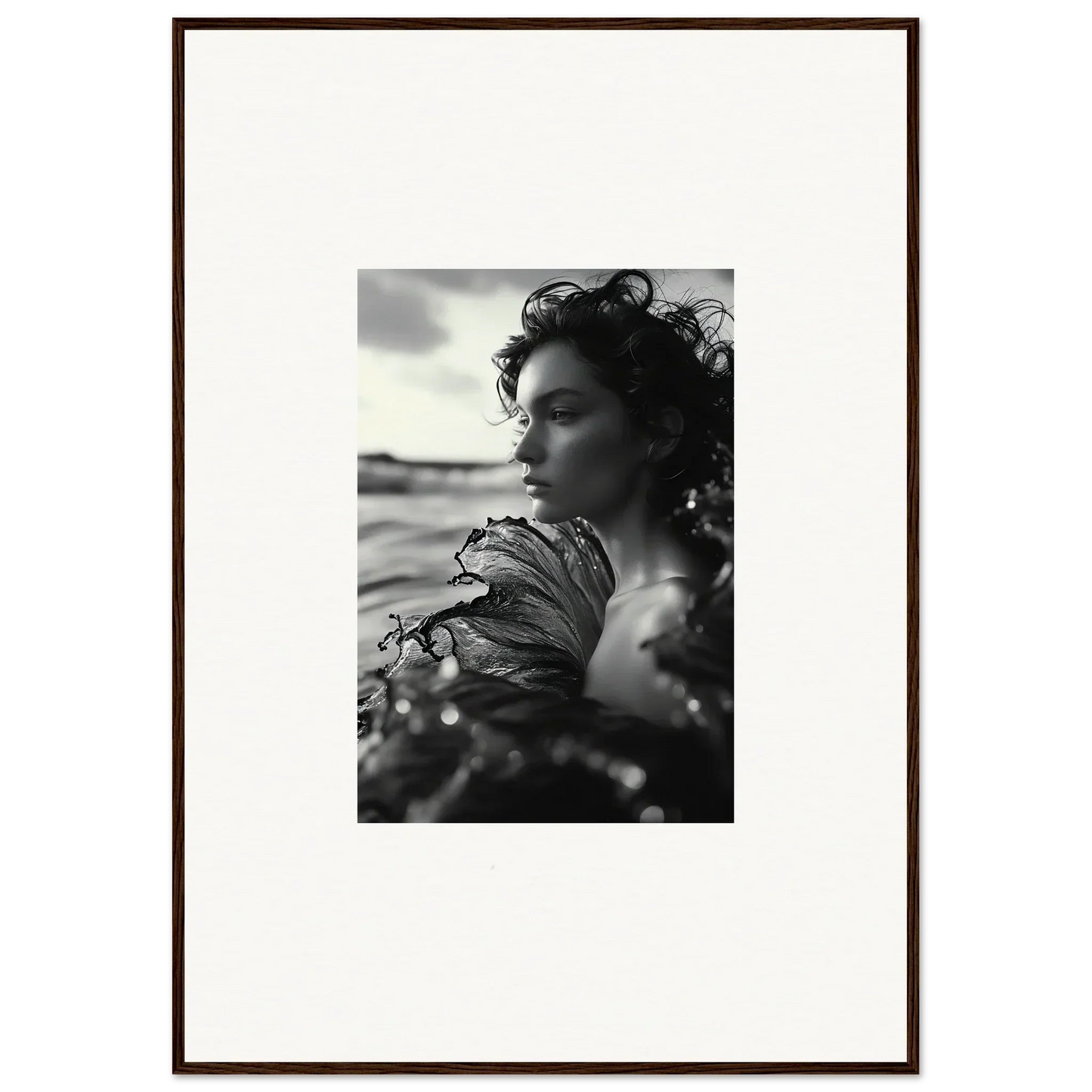 Black and white profile of a person with curly hair, perfect for Sea Reverie room decoration