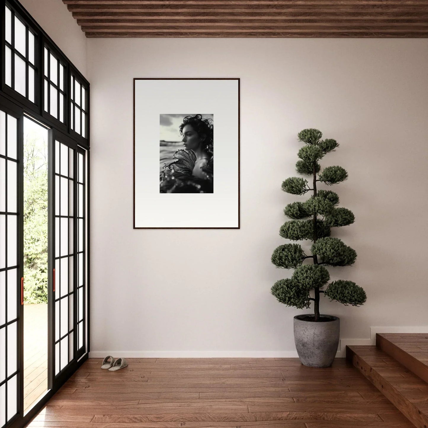 Framed black and white photo of a person for stylish room decoration with Sea Reverie vibe