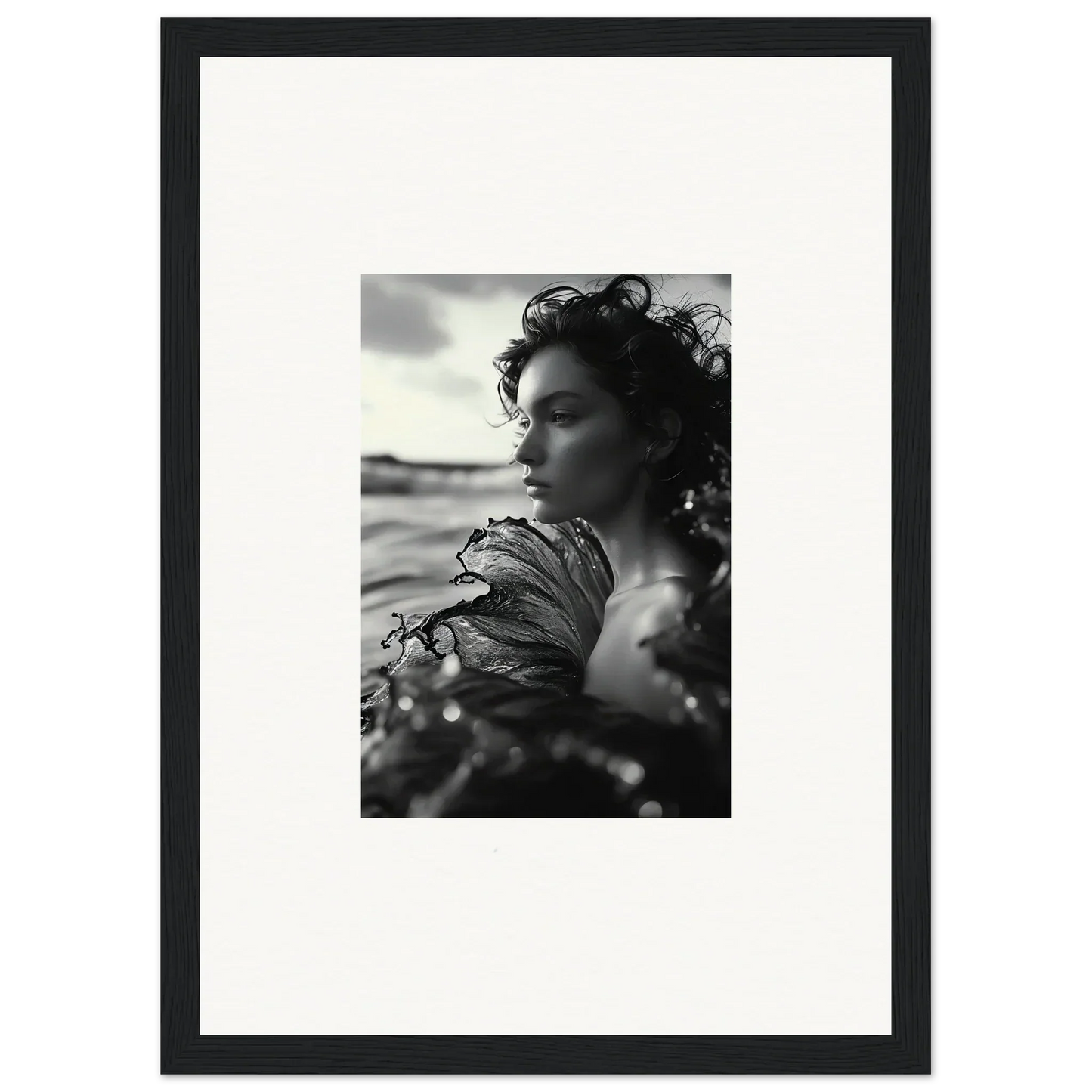Windswept woman in black and white for a chic sea reverie canvas print