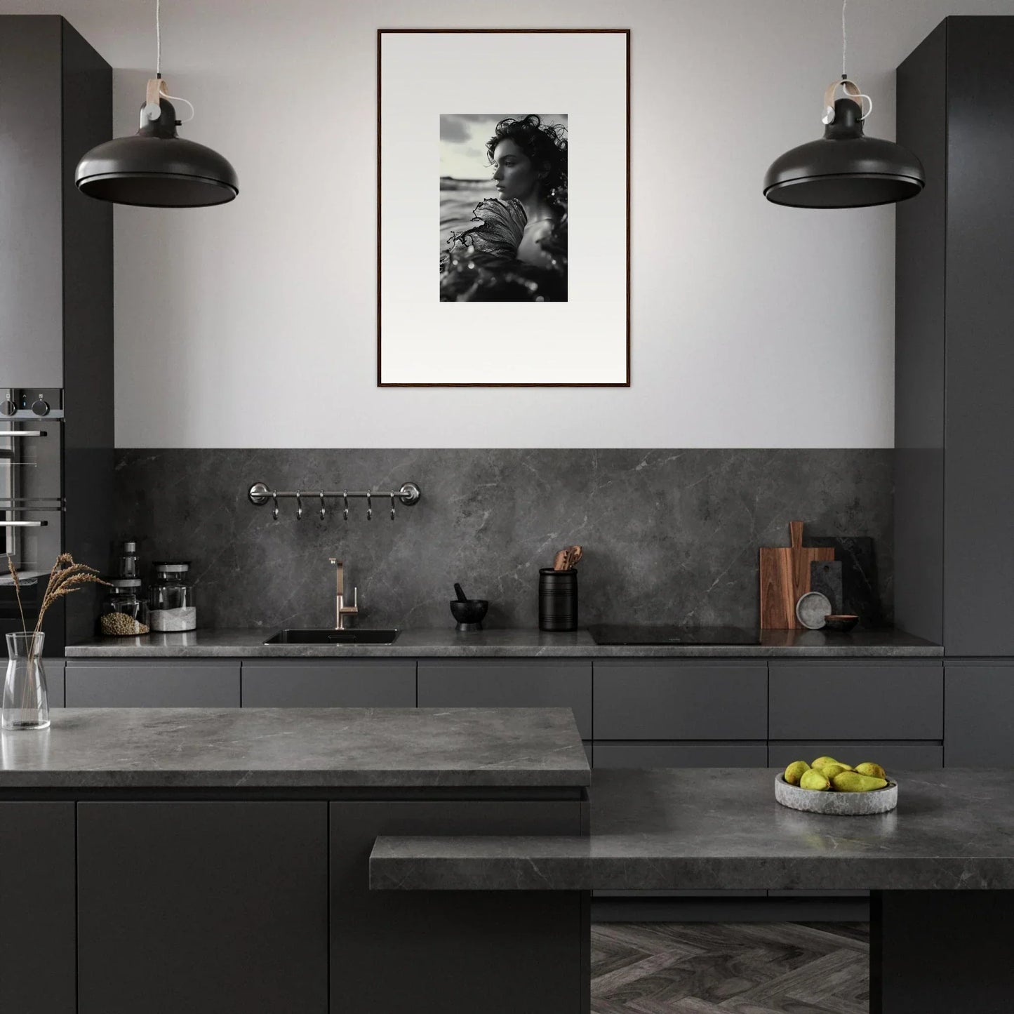 Modern kitchen in Noir Sea Reverie with dark gray cabinetry, perfect for room decoration
