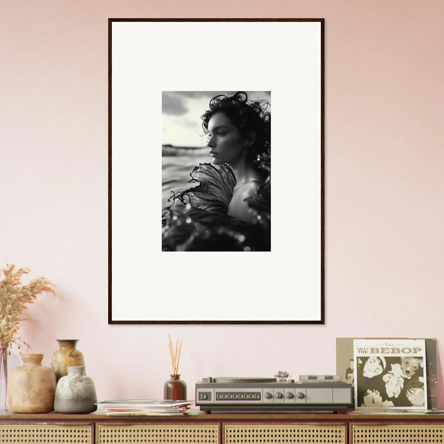 Framed black and white canvas print of a person in profile, perfect for sea reverie room decoration