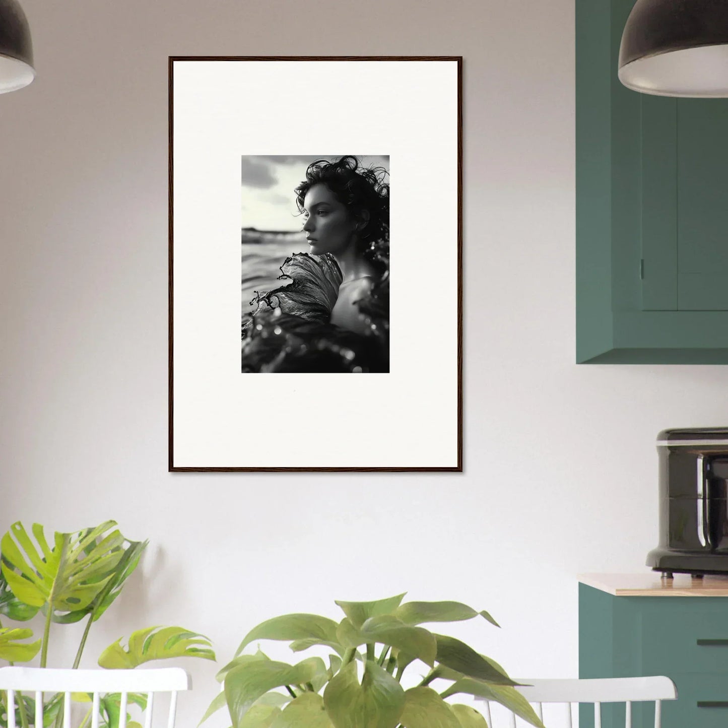 Framed black and white photo of a person for stylish sea reverie room decoration