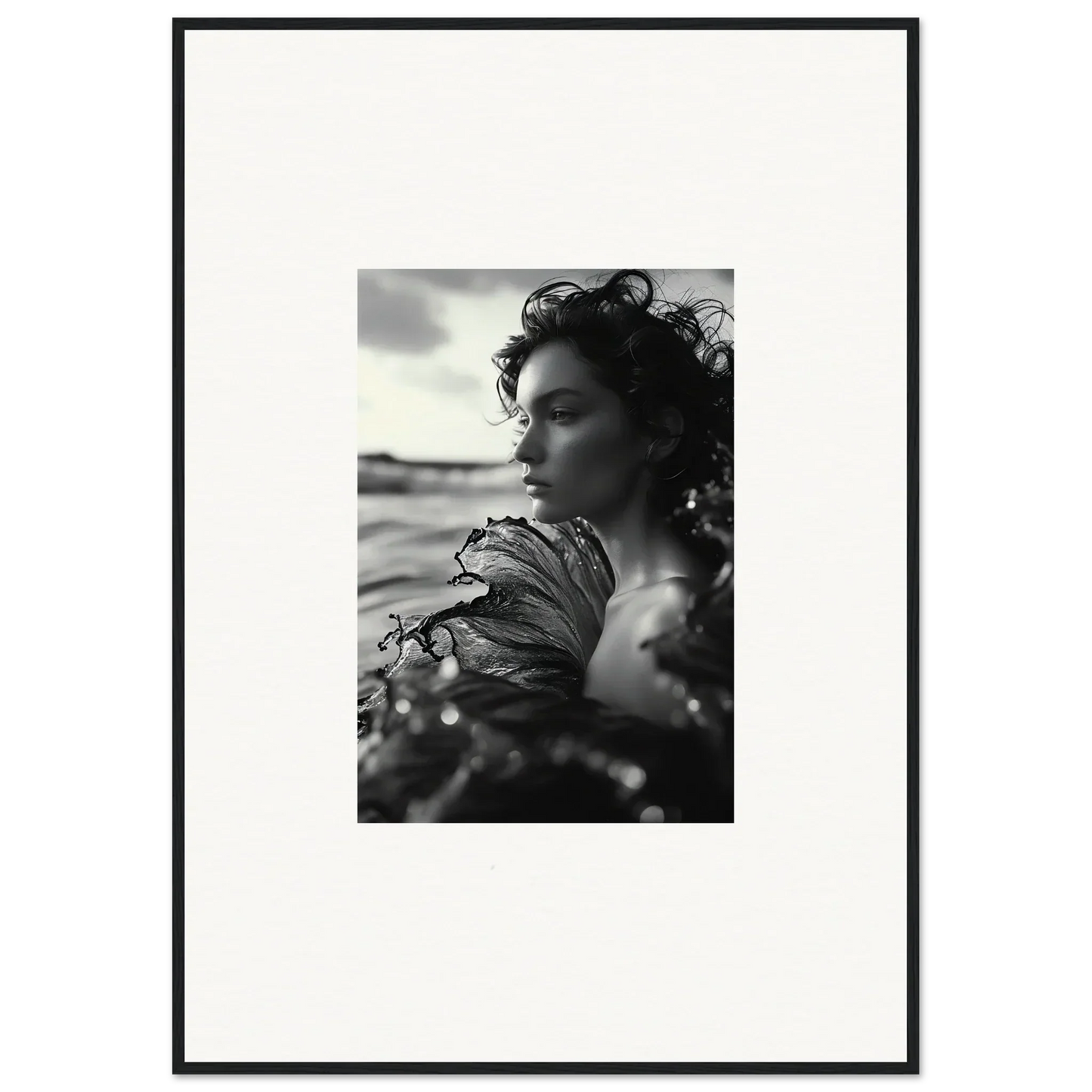 Black and white canvas print of a woman in profile capturing sea reverie vibes for room decoration