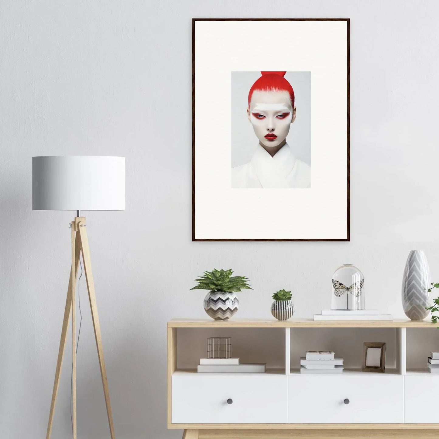 Framed wall art featuring a person with red hair and white face makeup for unique room decor