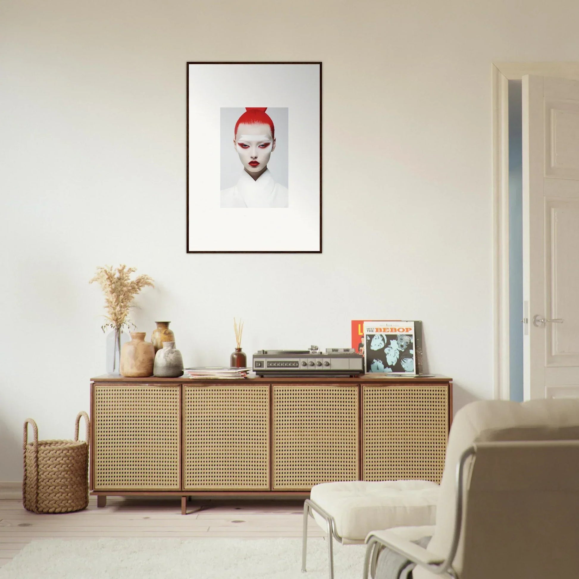 Wooden sideboard with rattan doors and decorative items for stylish room decor