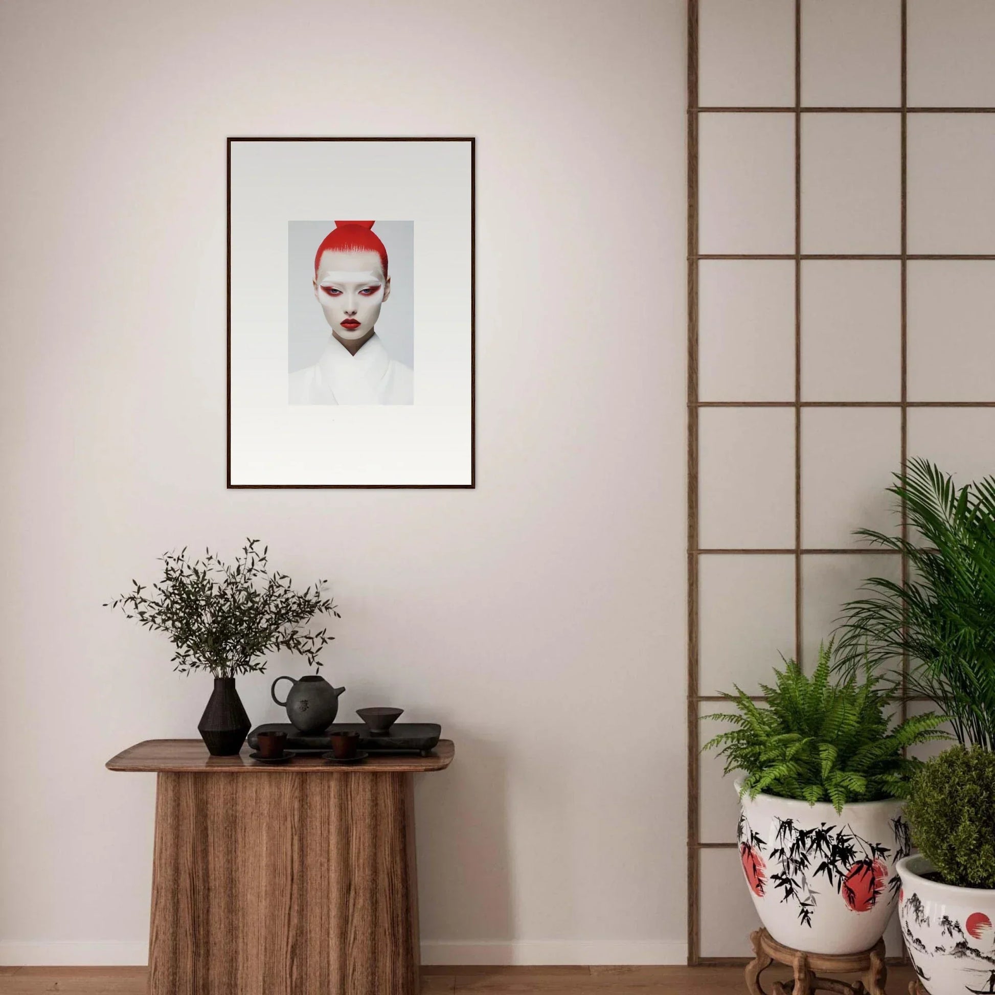 Framed wall art featuring a striking red portrait perfect for modern room decor