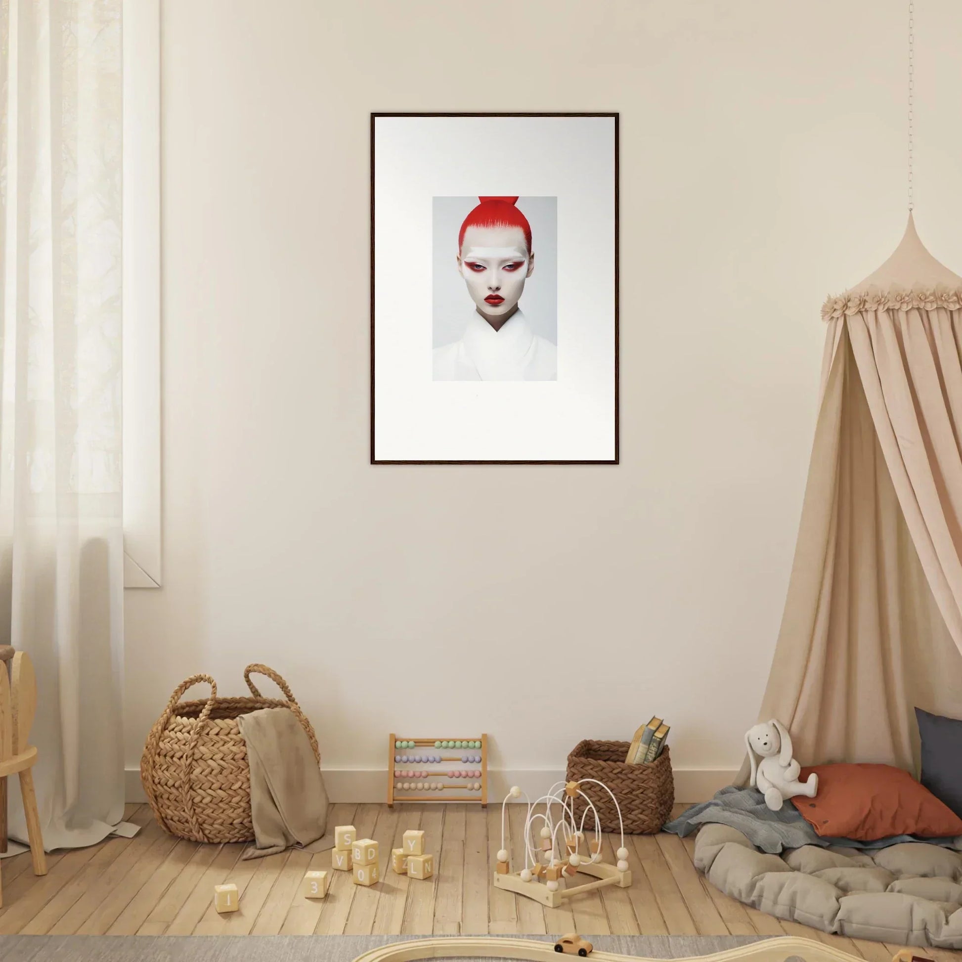 Framed wall art of a person with bright red hair and dramatic makeup for unique room decor
