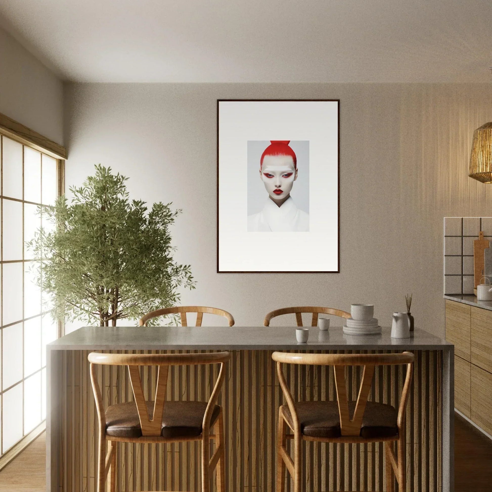 Minimalist dining area with wooden table, chairs, and framed wall art for stylish room decor