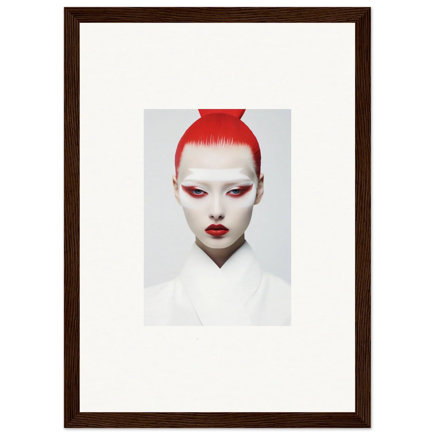 Portrait of a person with red hair and white makeup, ideal for framed wall art