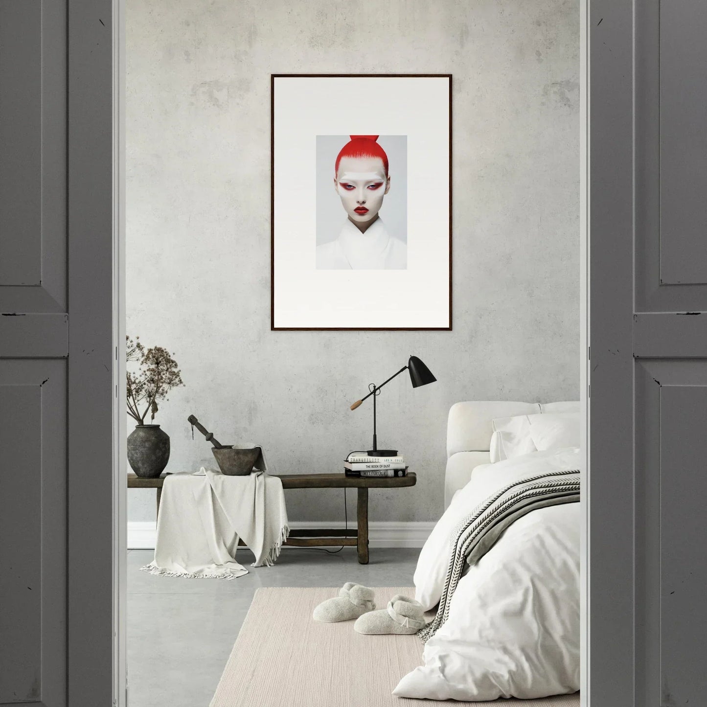 Framed wall art featuring a person with bright red hair and dramatic makeup