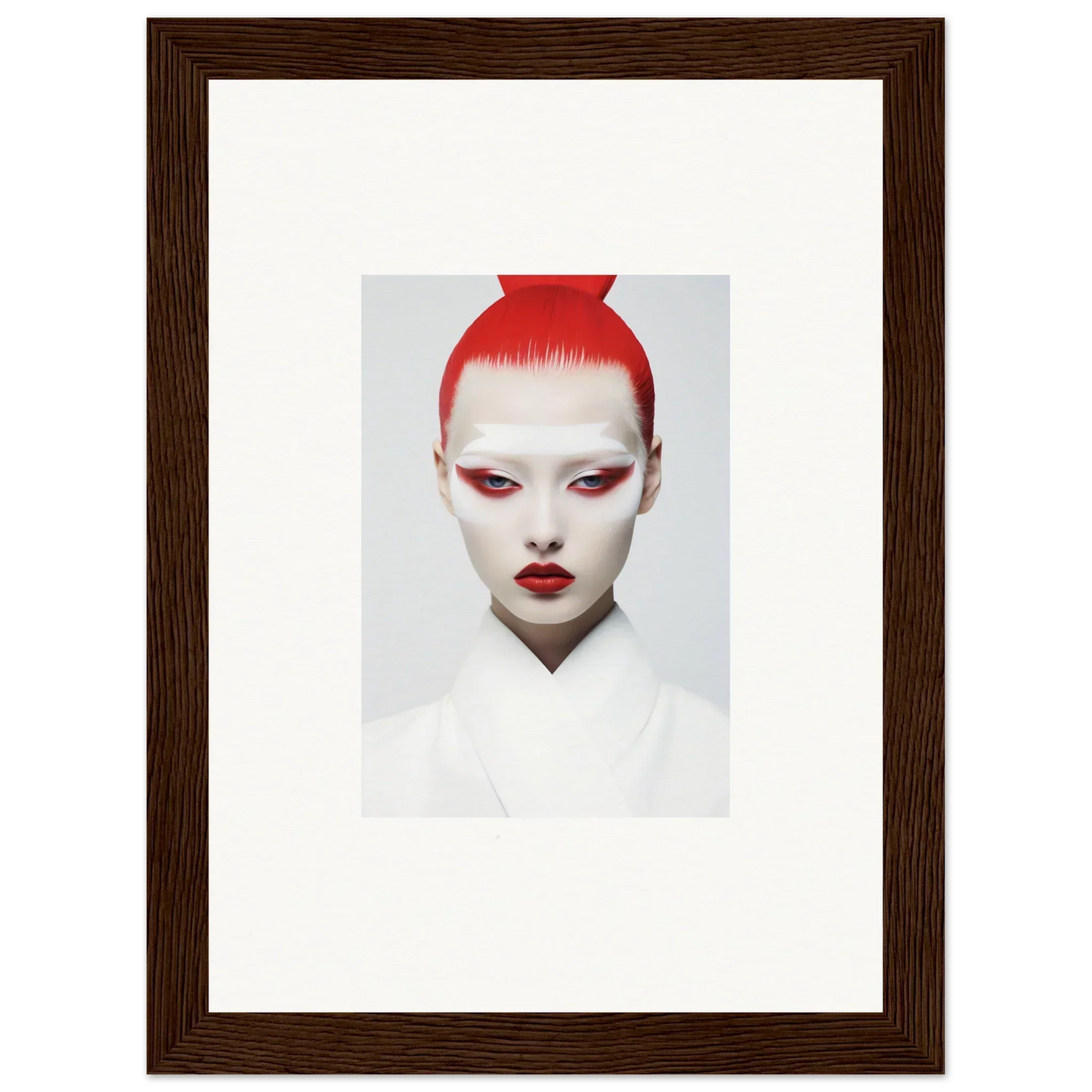 Striking red-haired person with white makeup in framed wall art for stylish room decor