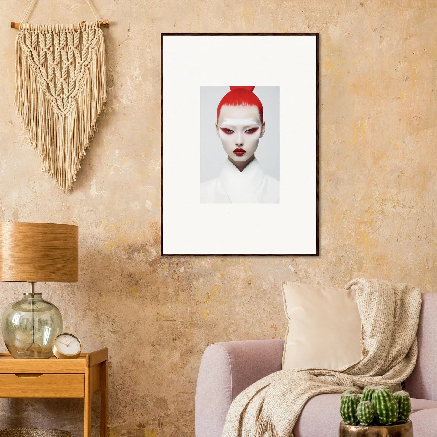 Framed wall art of a striking face with vibrant red hair for unique room decor
